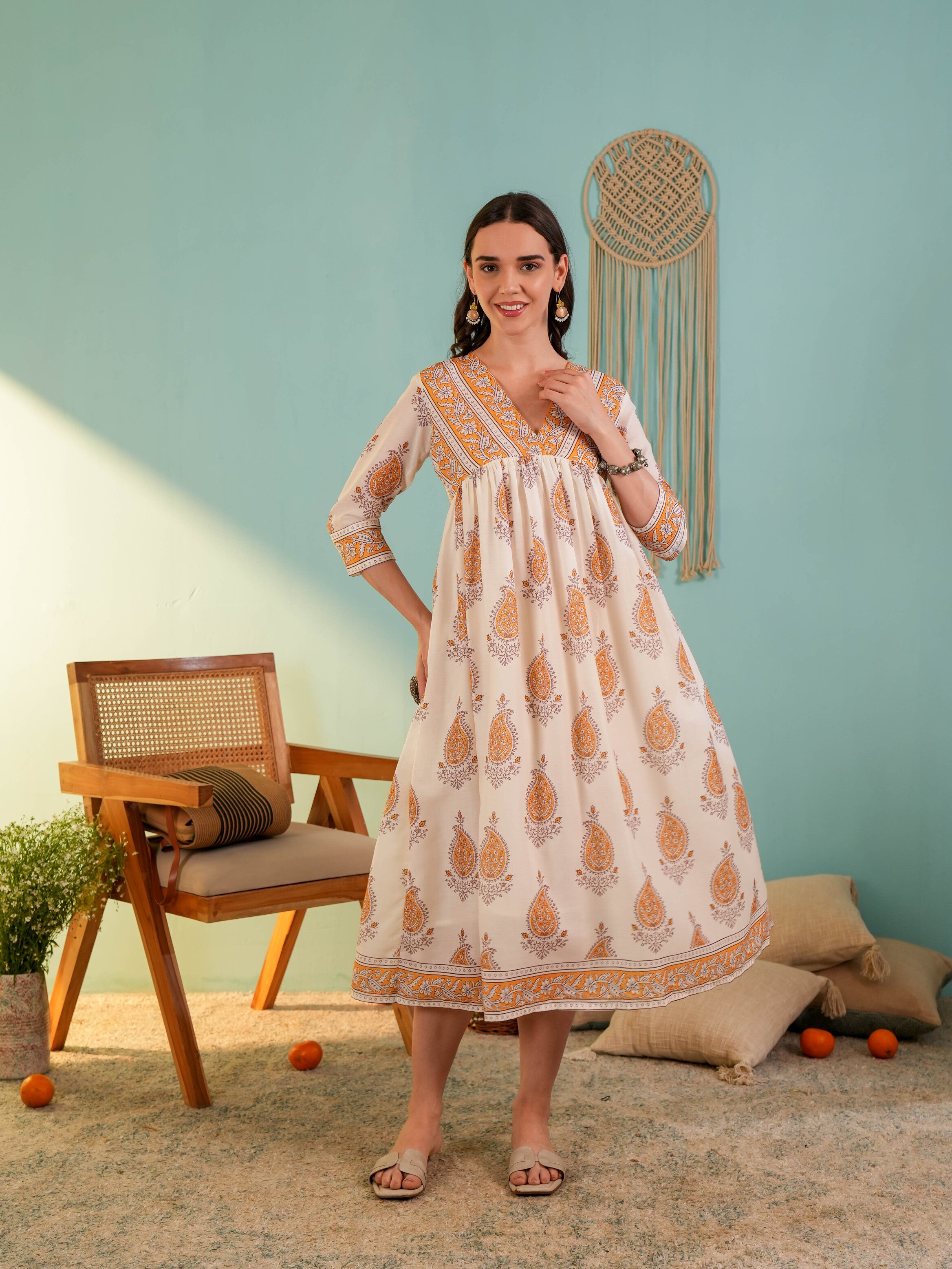 White Floral Printed Falred Midi Dress