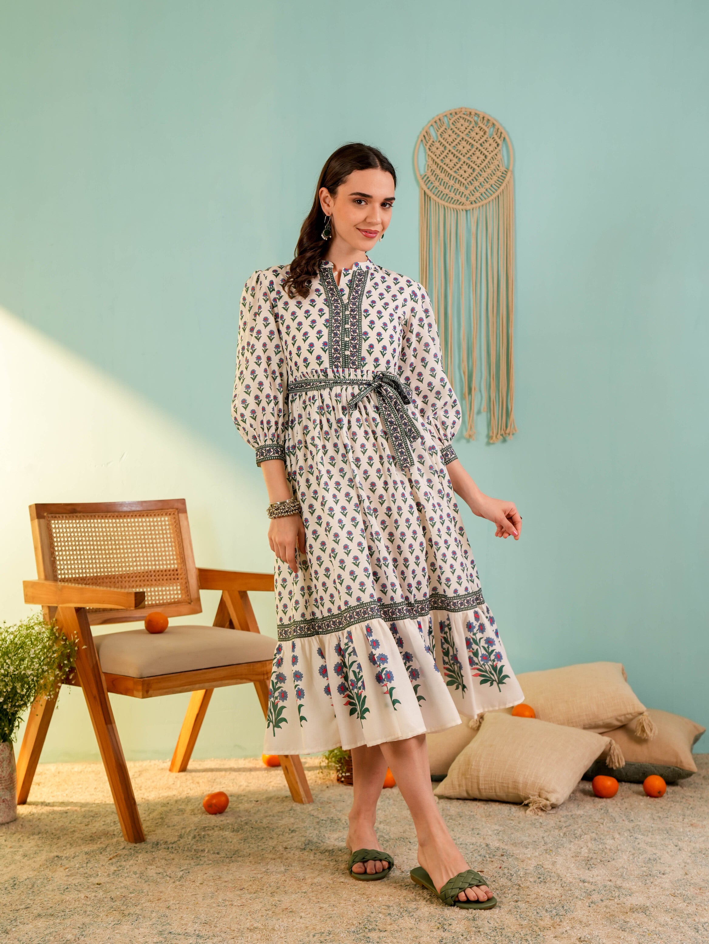 White and Blue Floral Printed Falred Midi Dress