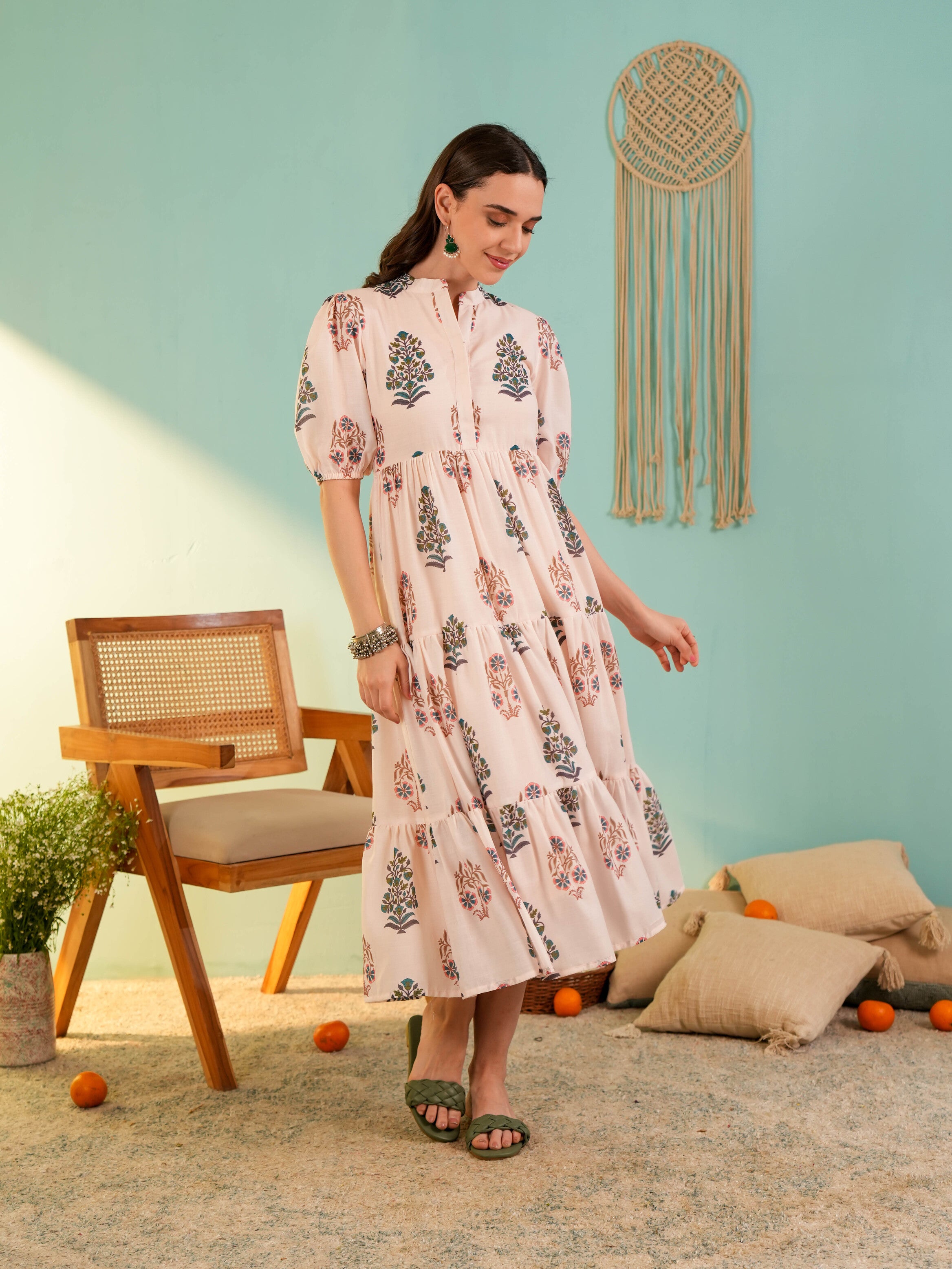 Beige Floral Printed Falred Midi Dress