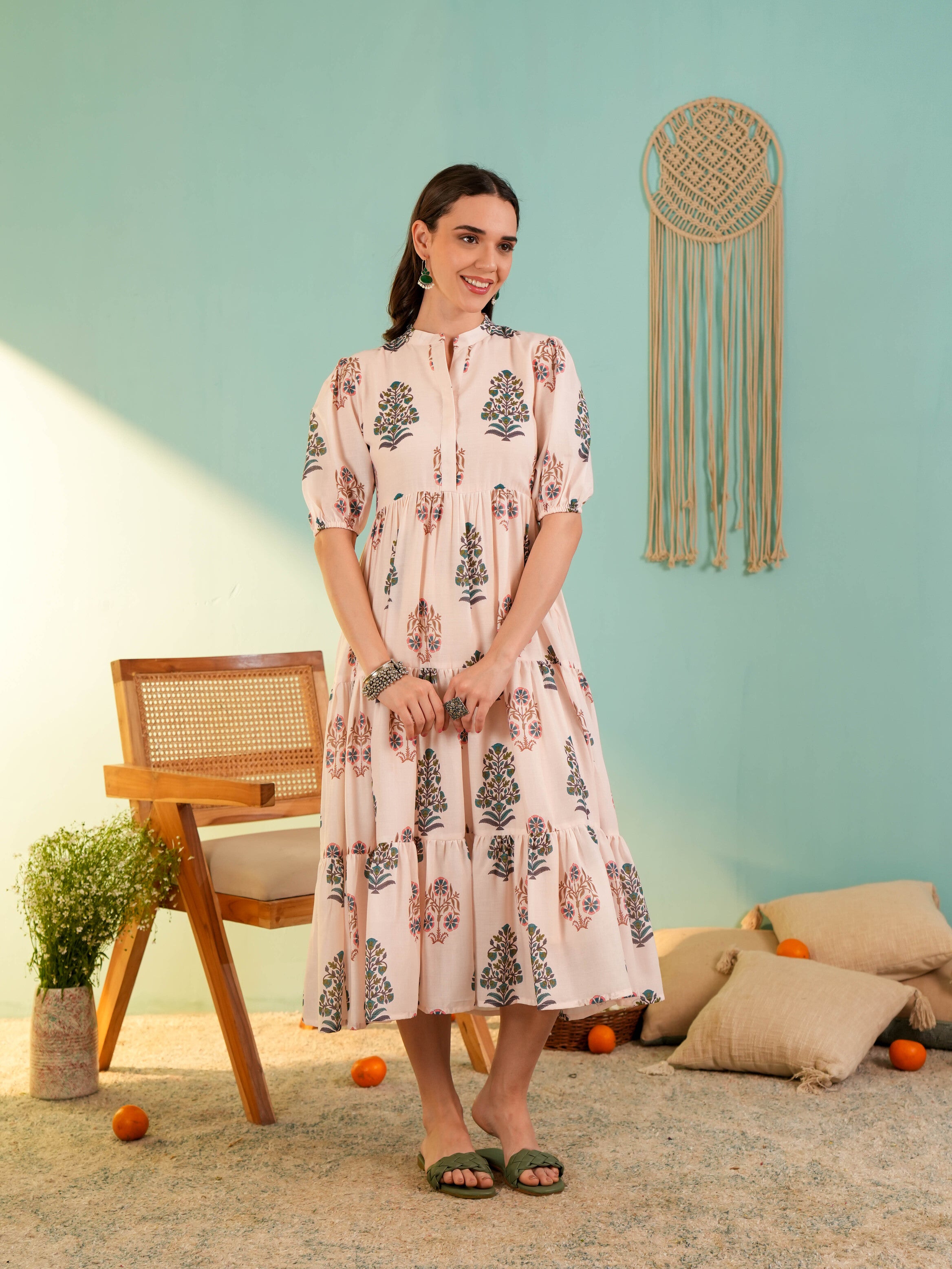 Beige Floral Printed Falred Midi Dress