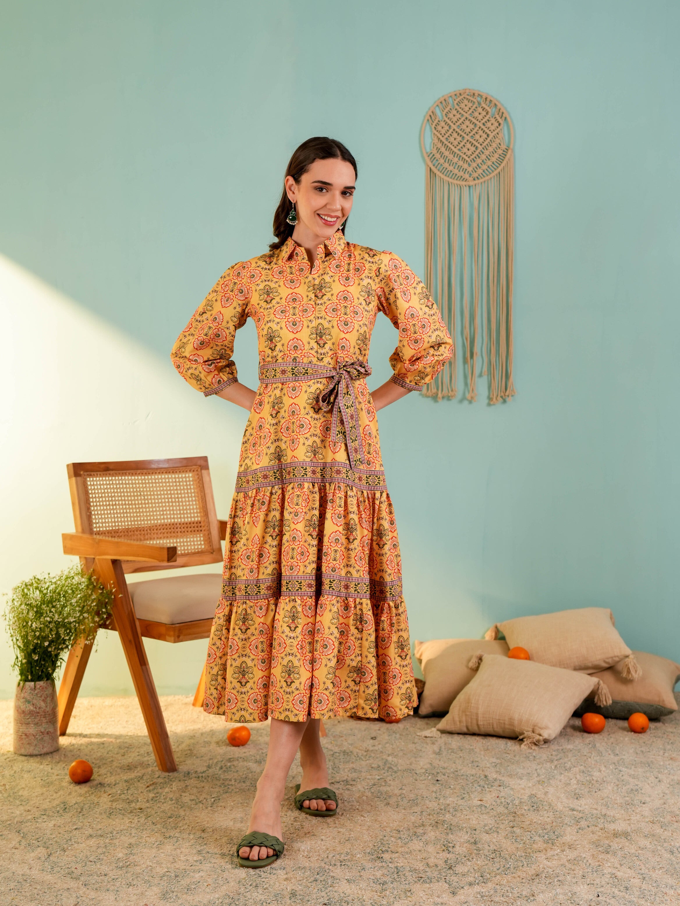 Musterd Yellow Floral Printed Midi Dress