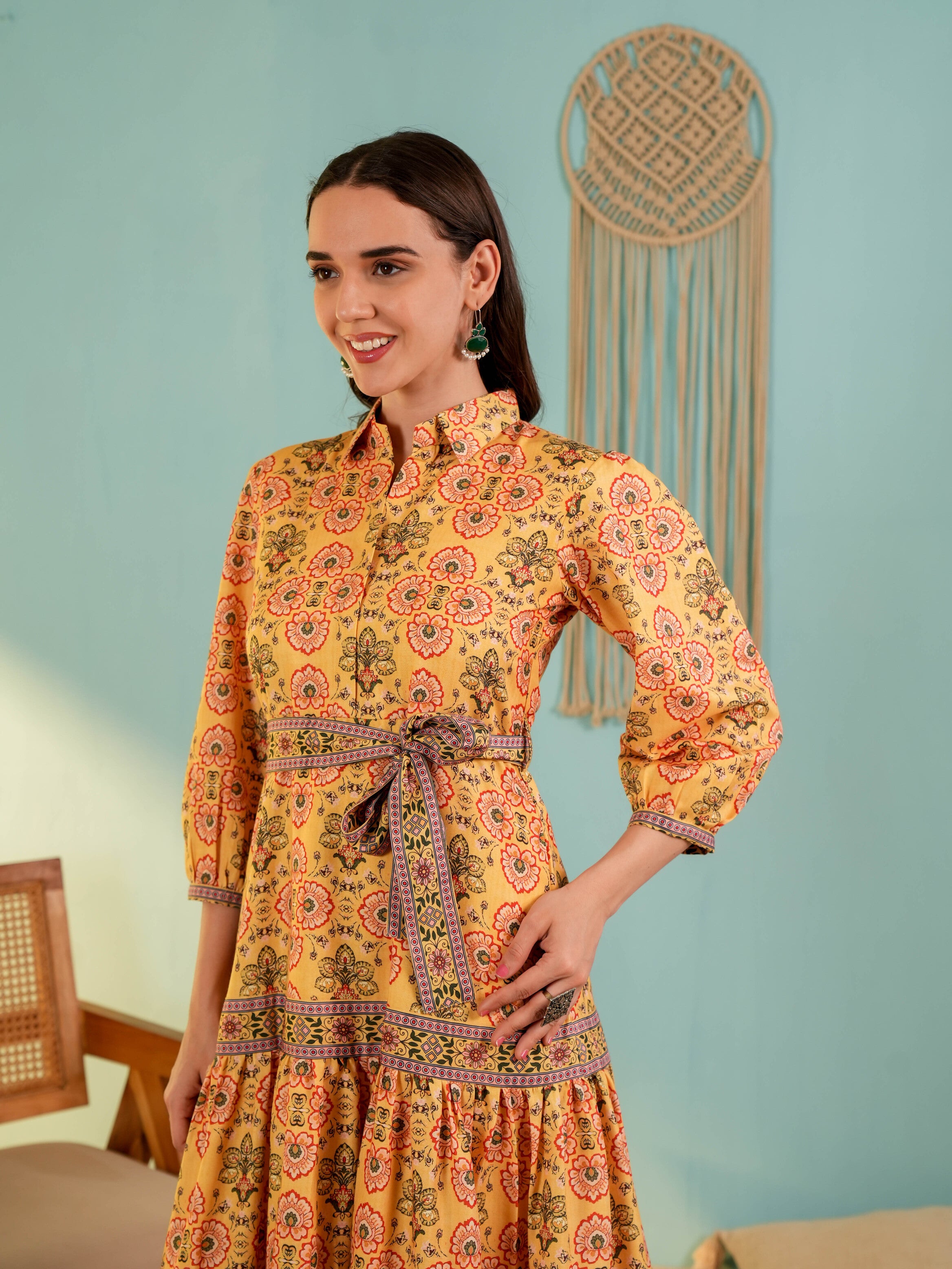 Musterd Yellow Floral Printed Midi Dress