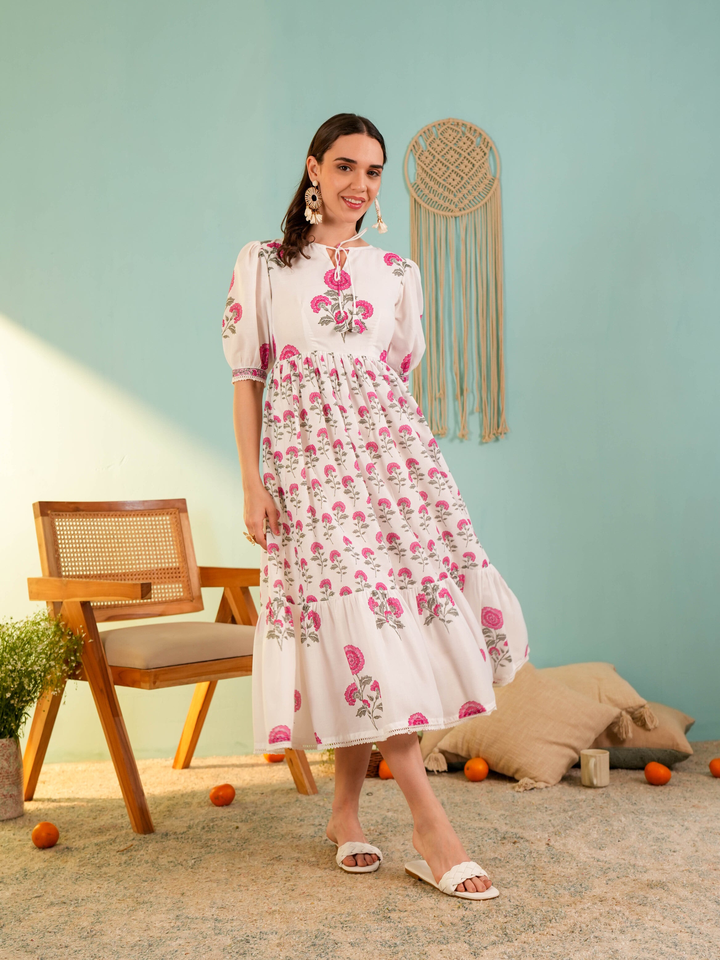 White Floral Printed Flared Midi Dress