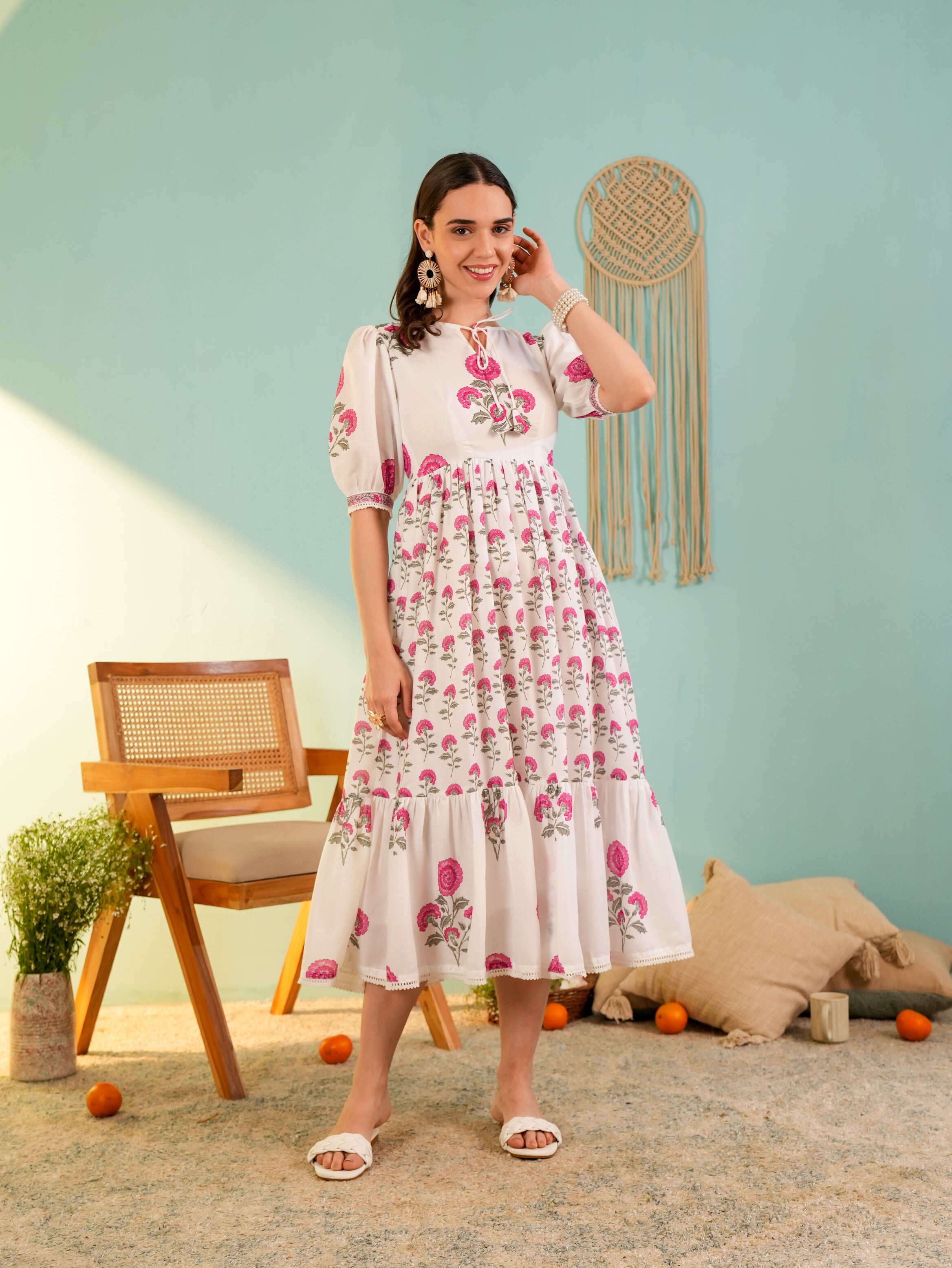 White Floral Printed Flared Midi Dress