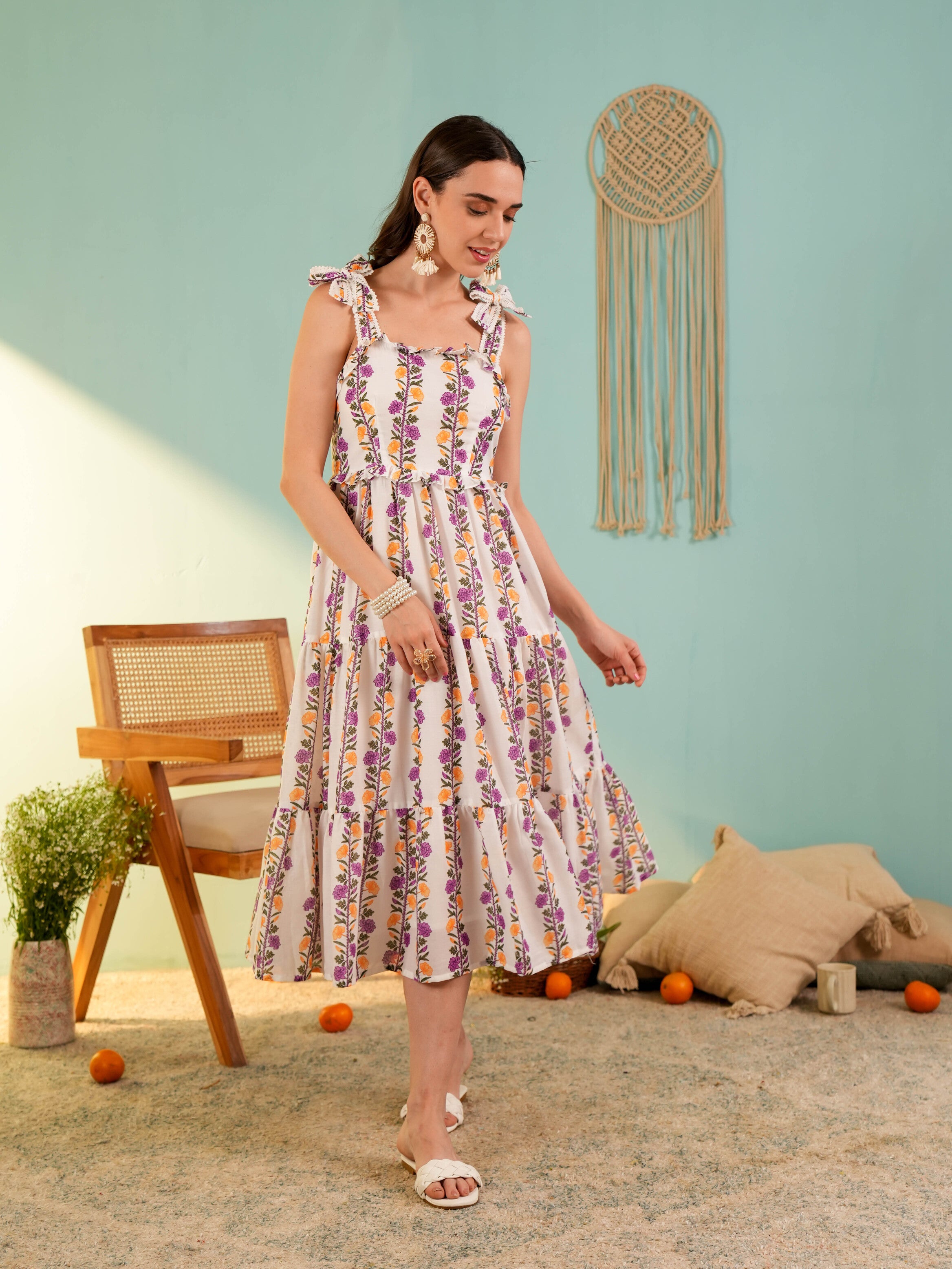 White Floral Printed Flared Midi Dress