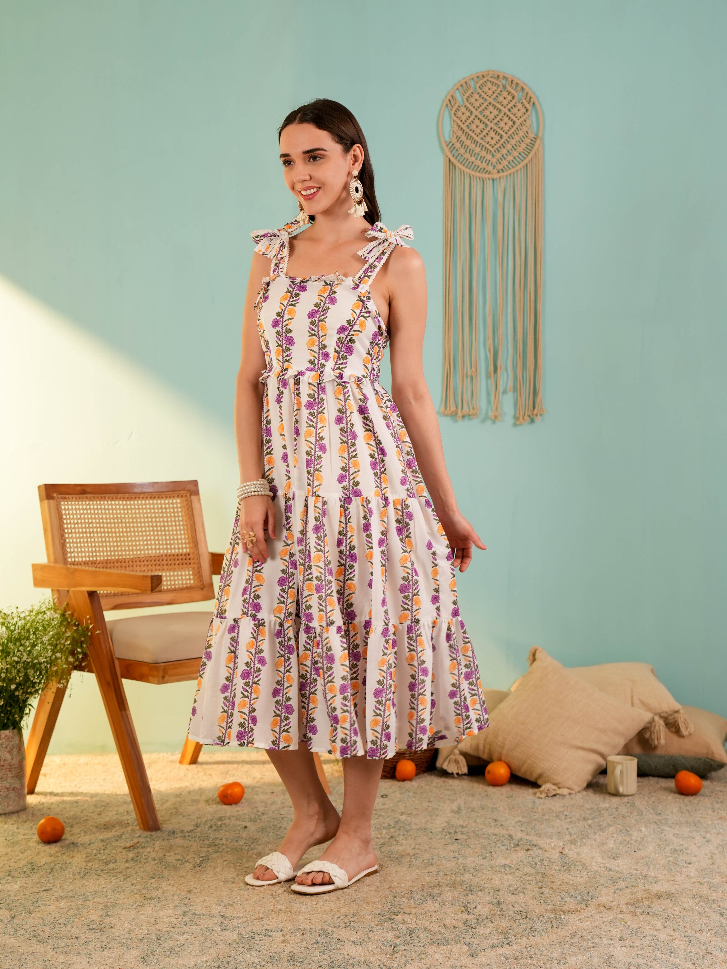 White Floral Printed Flared Midi Dress