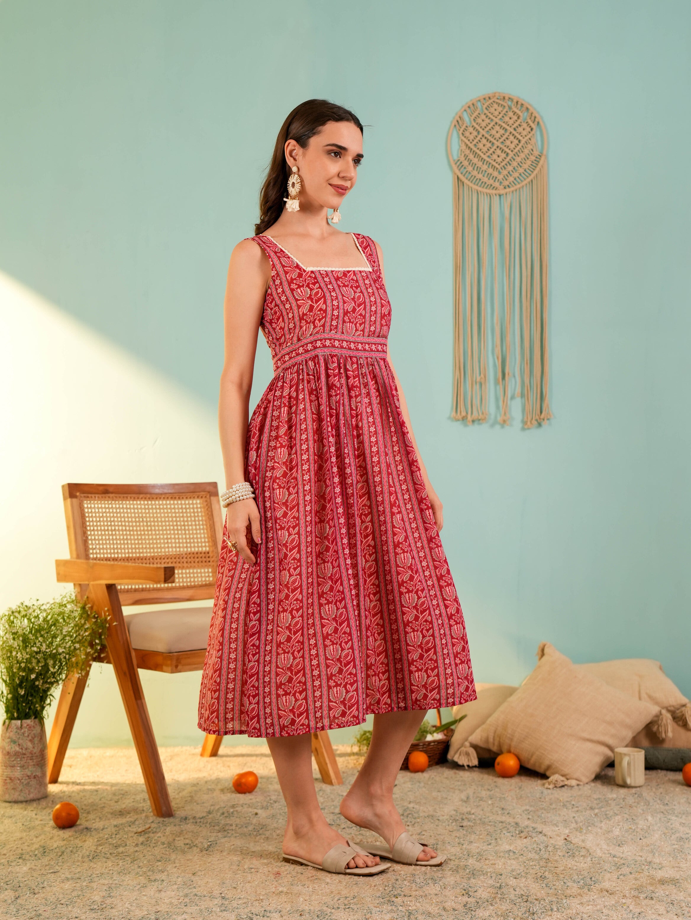 Red Floral Printed Fit & Flared Midi Dress