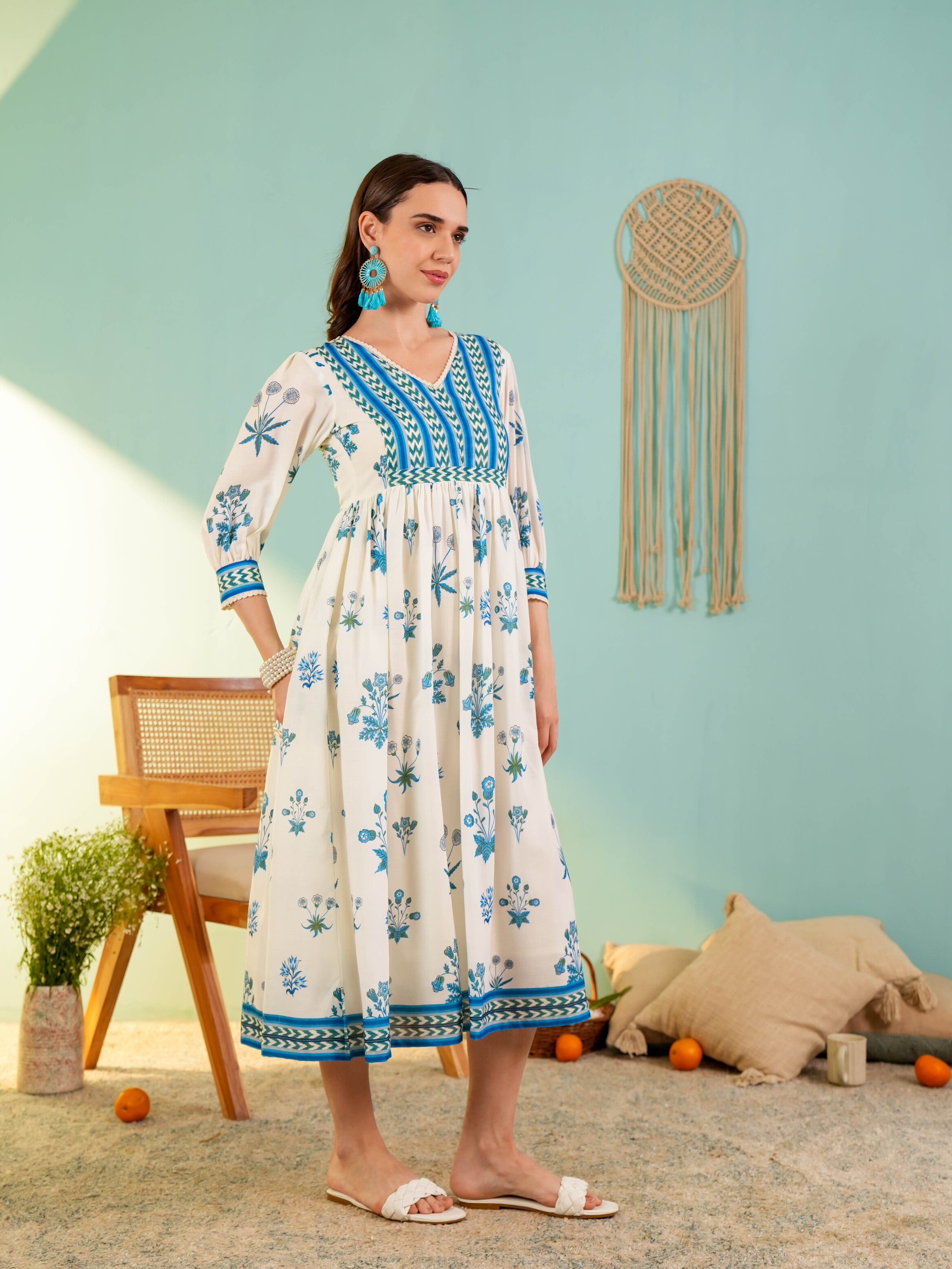 White Floral printed Flared Midi Dress