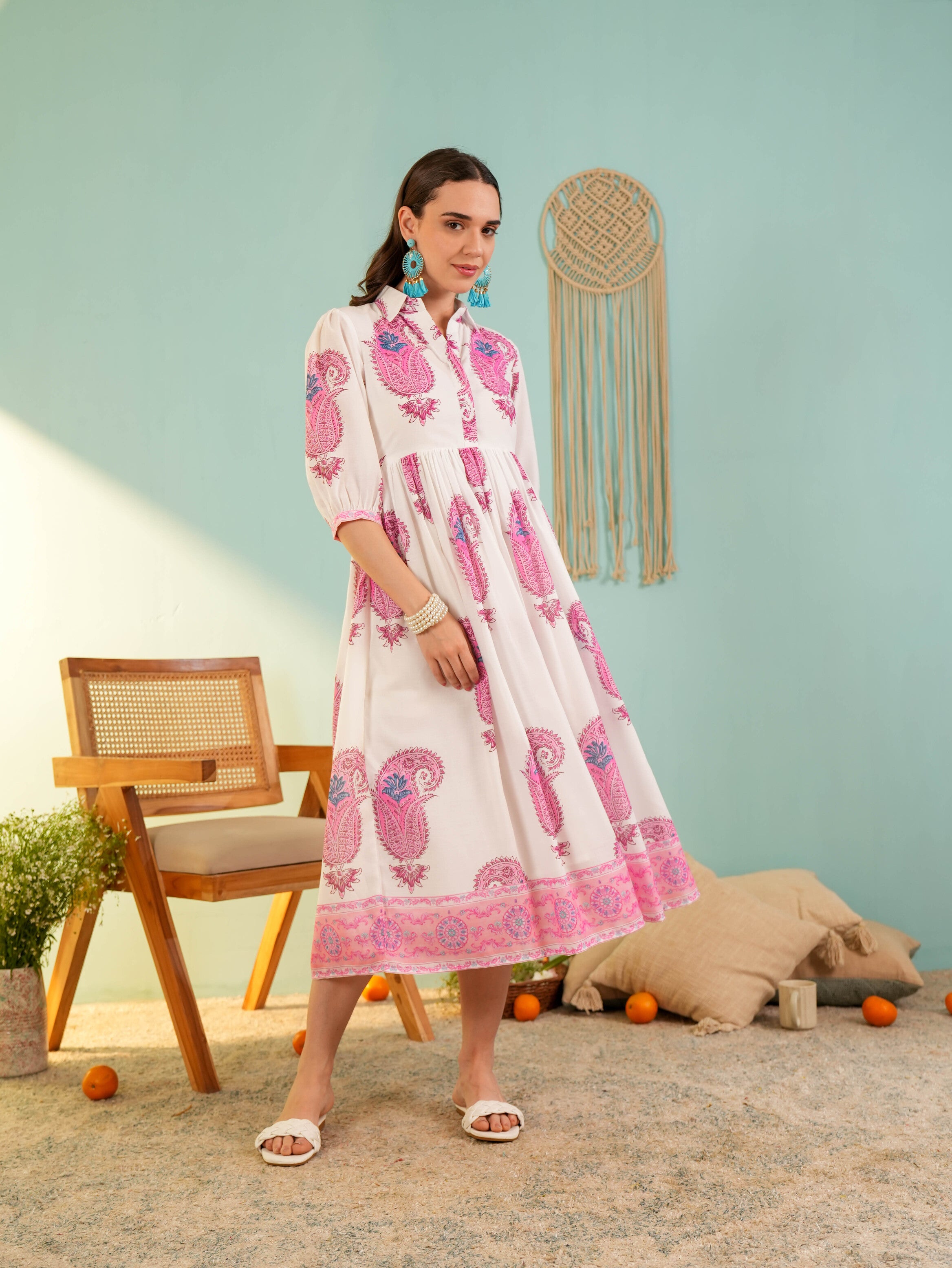 Pink Floral Printed Flared Midi Dress