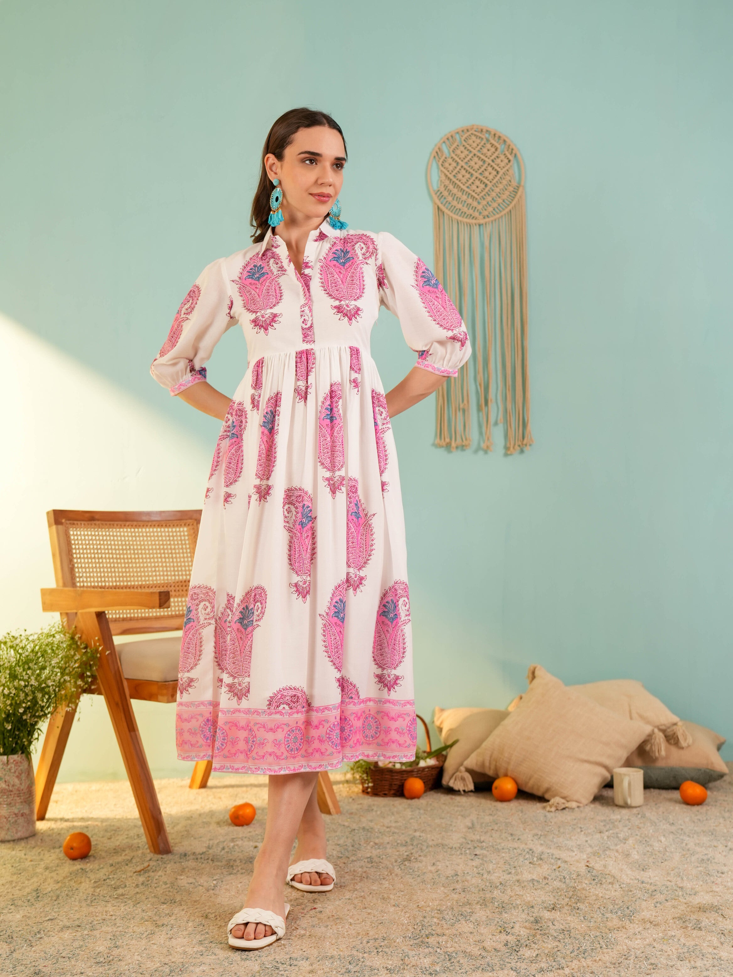 Pink Floral Printed Flared Midi Dress