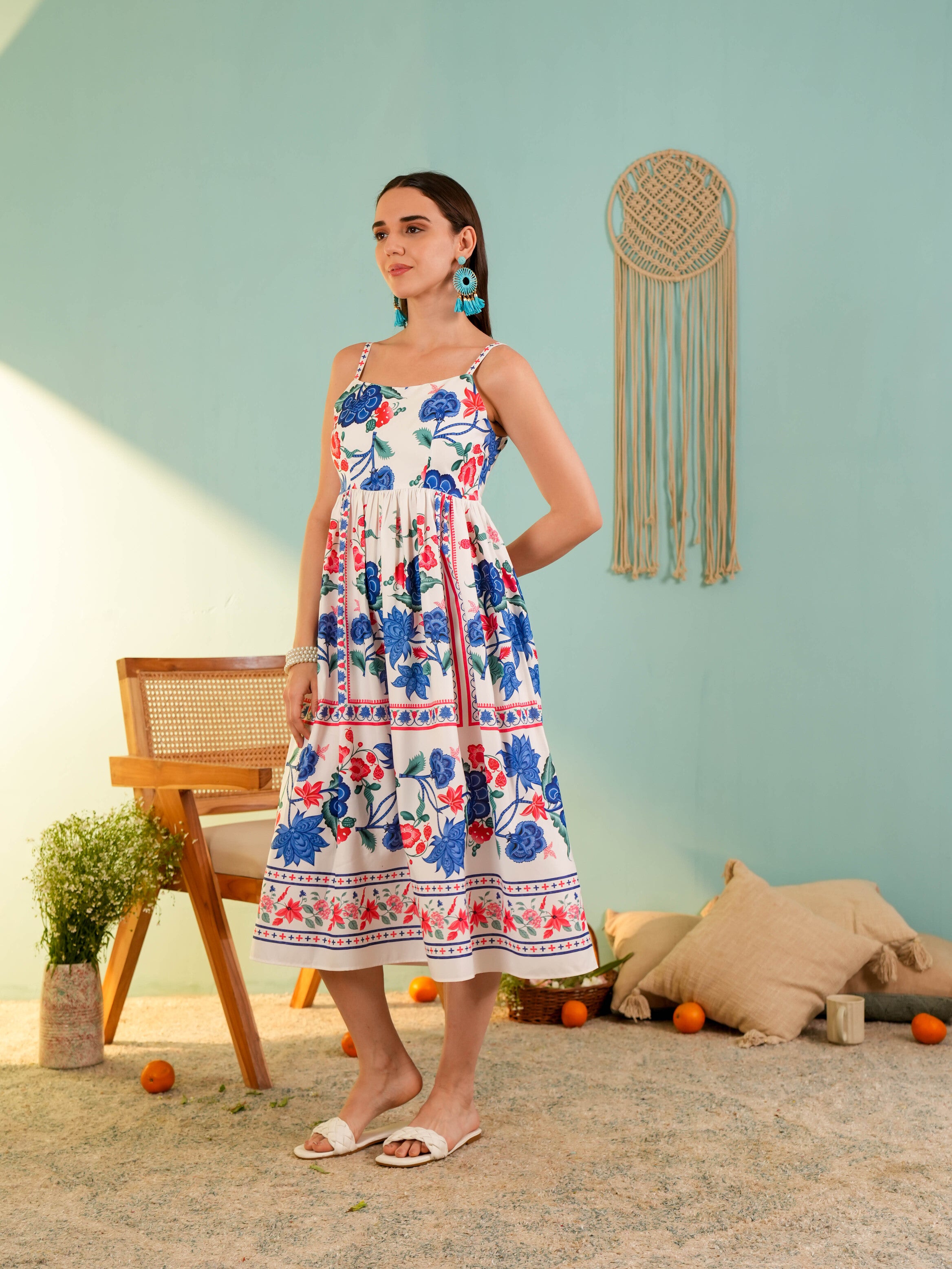 Blue and White Floral Printed Midi Dress