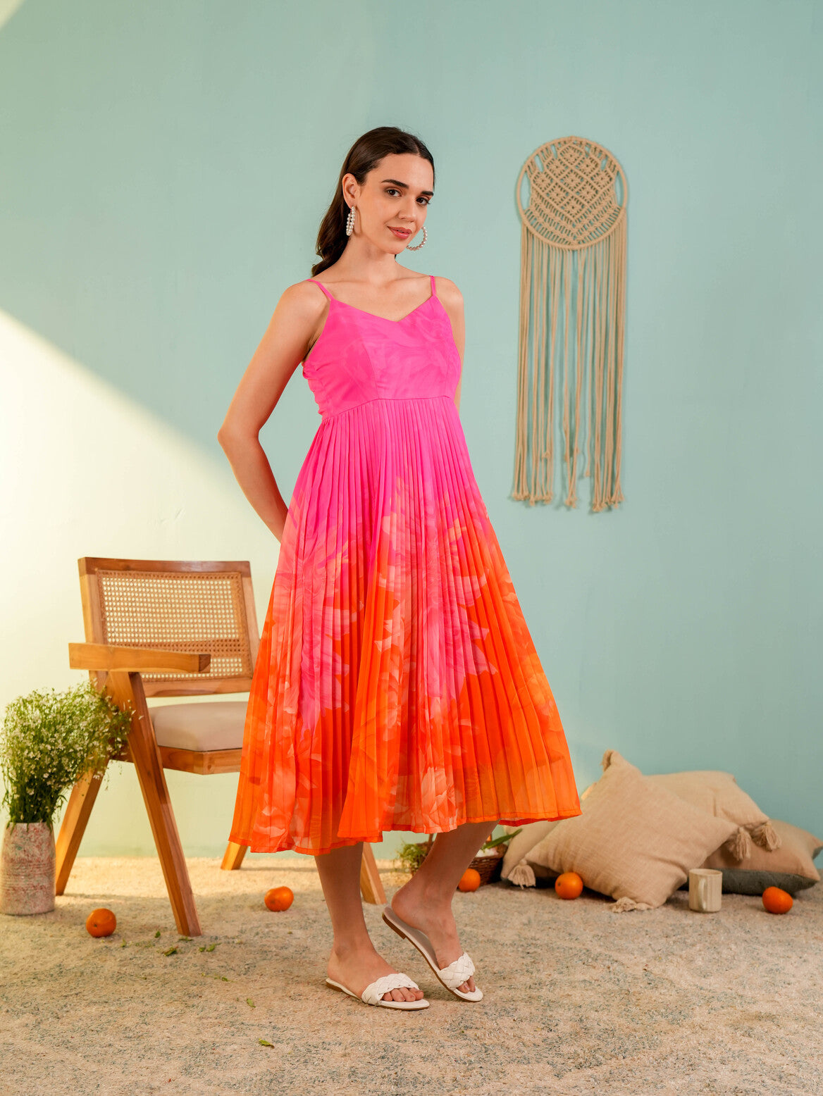 Pink Floral Printed Crushed Midi Dress