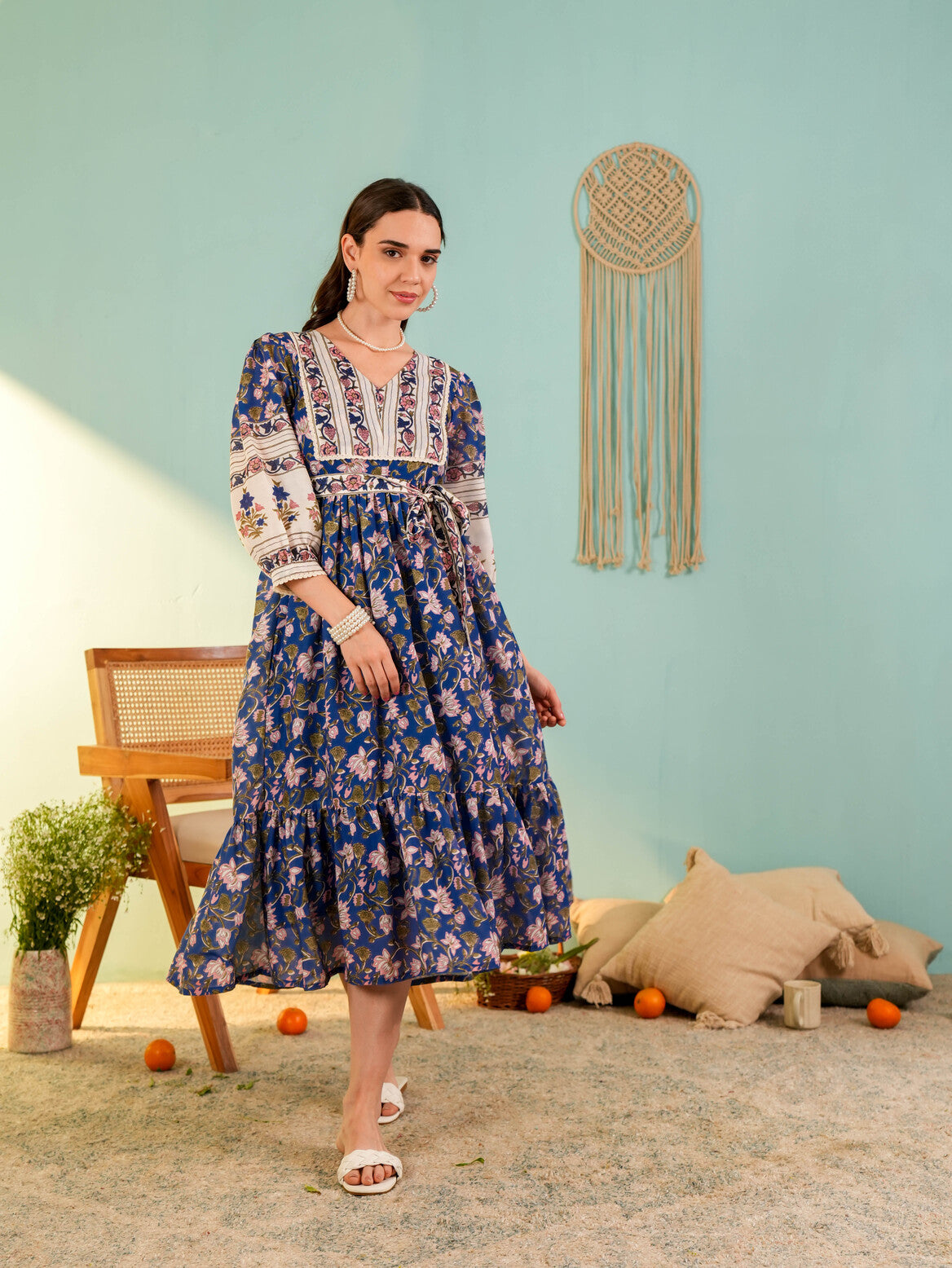 Blue Floral Printed Flared Midi Dress