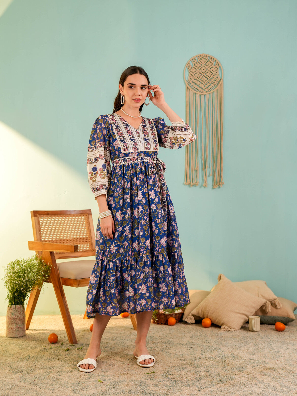 Blue Floral Printed Flared Midi Dress