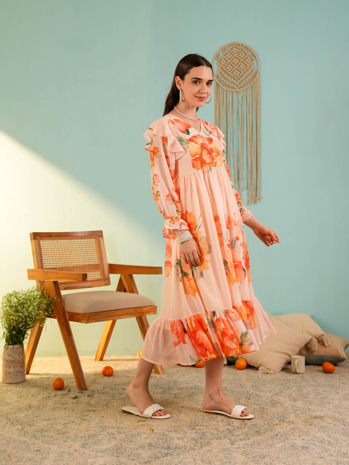 Beige Floral Printed Fit & Flared Midi Dress