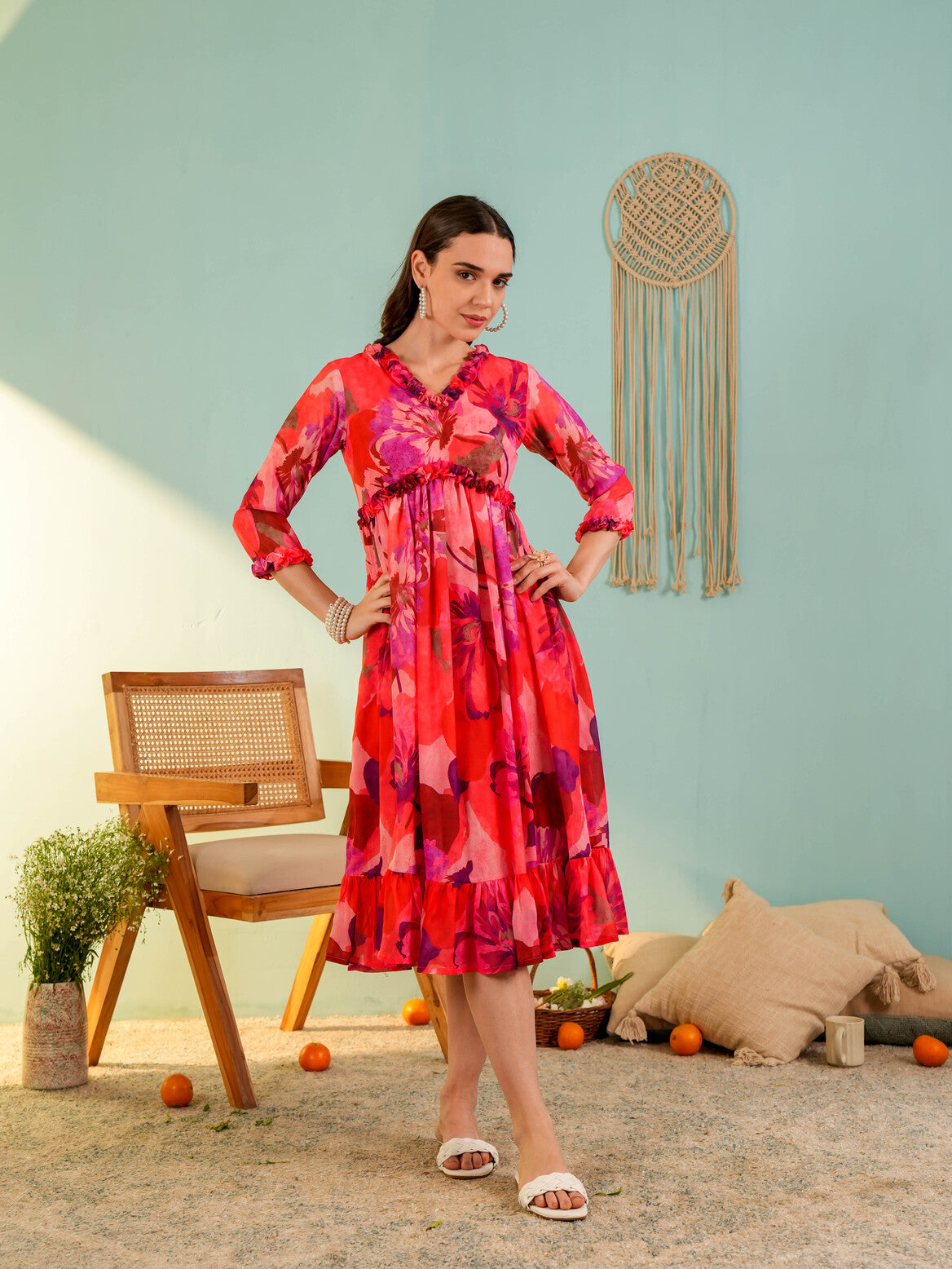 Red Floral Printed Flared Midi Dress