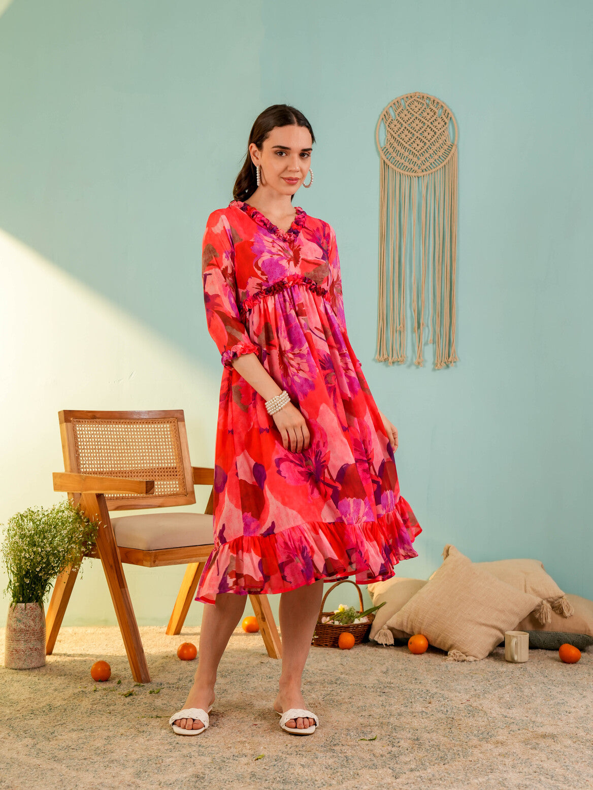 Red Floral Printed Flared Midi Dress