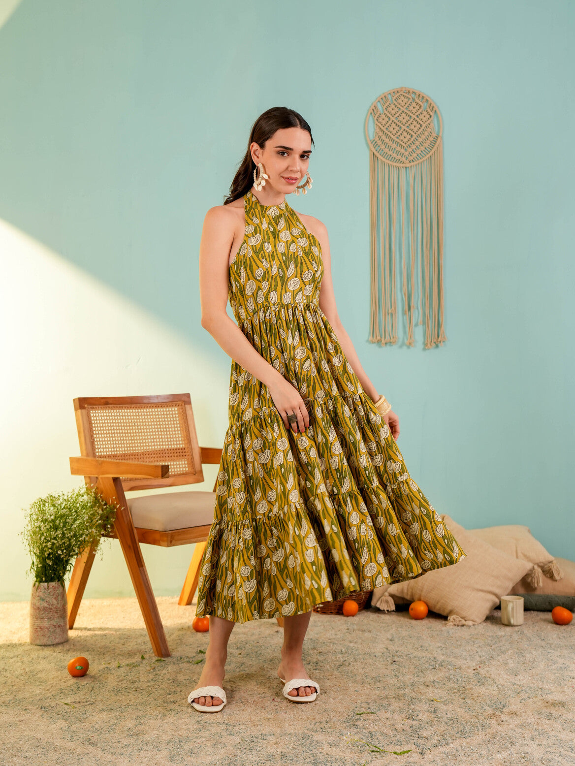 Yellow Floral Printed Fit & Flared Midi  Dress