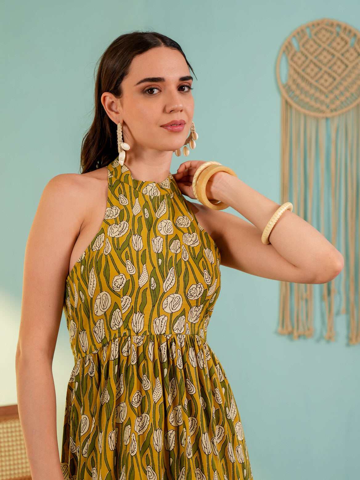 Yellow Floral Printed Fit & Flared Midi  Dress