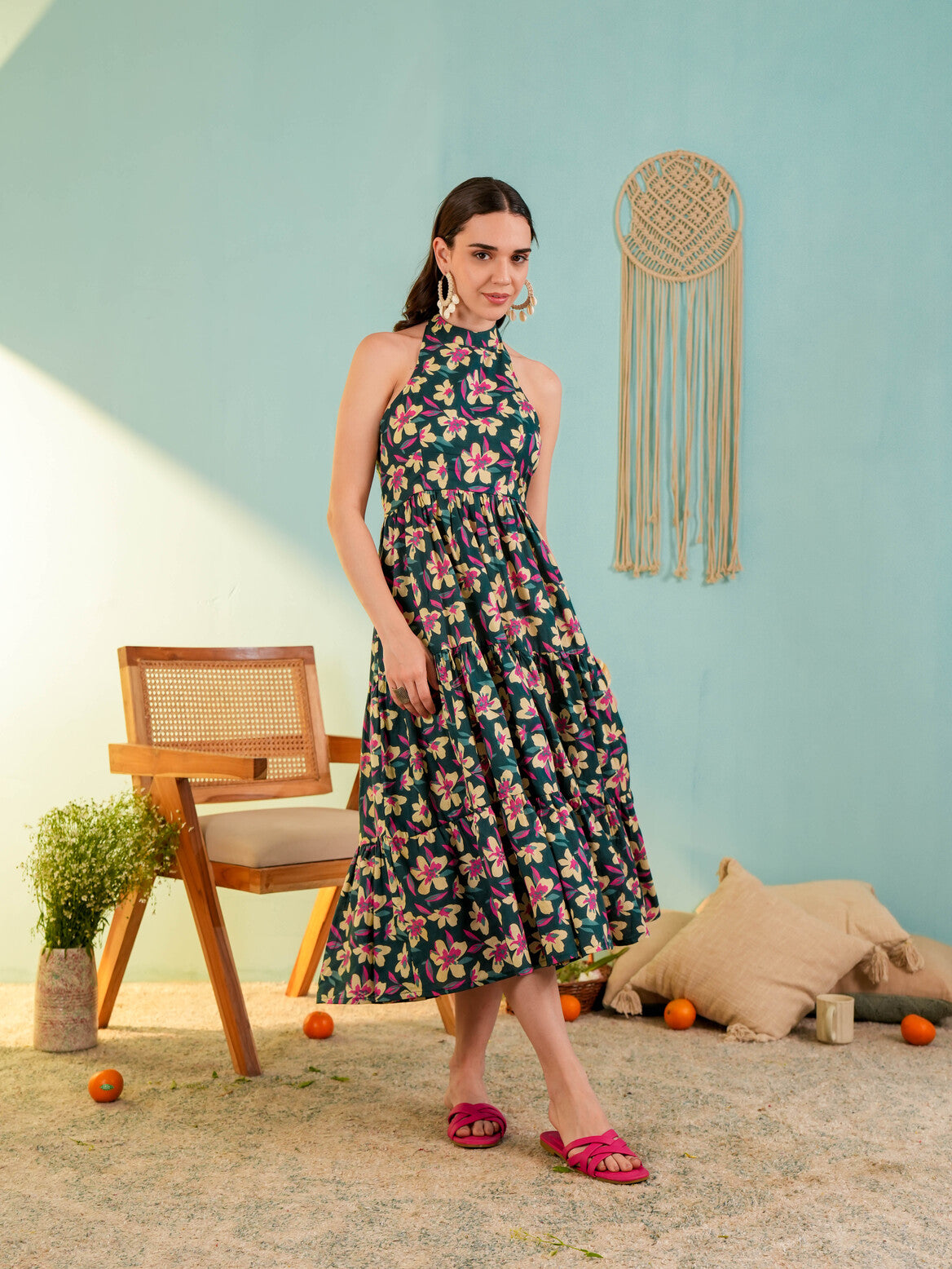 Green Floral Printed Fit & Flared Midi Dress