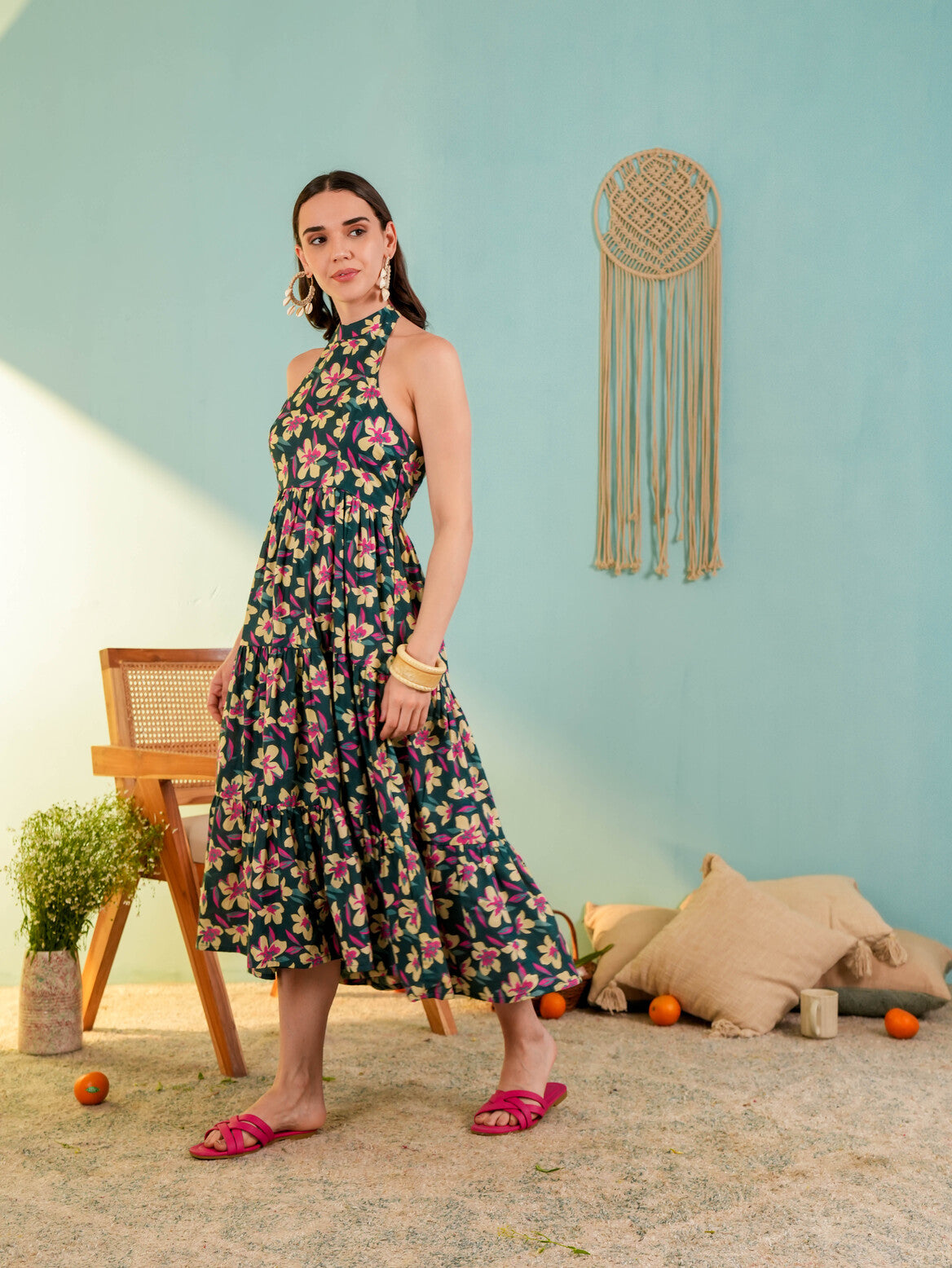 Green Floral Printed Fit & Flared Midi Dress