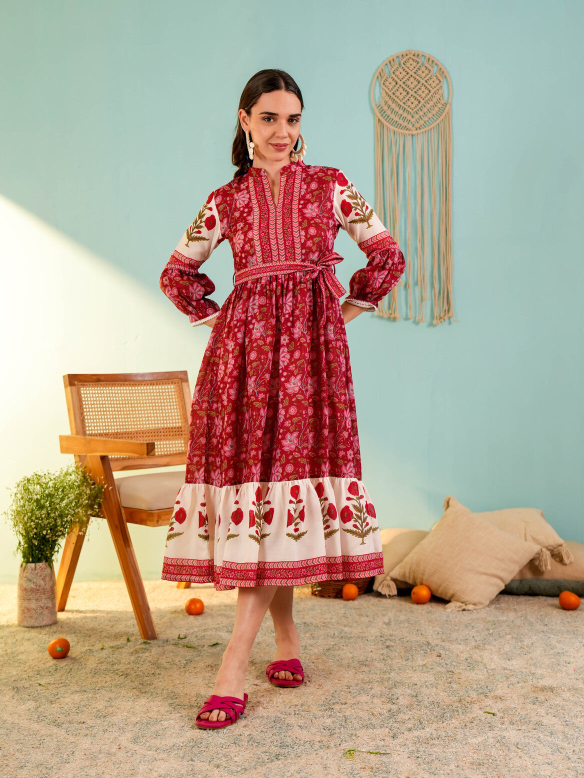 Red Floral Printed Flared Midi Dress