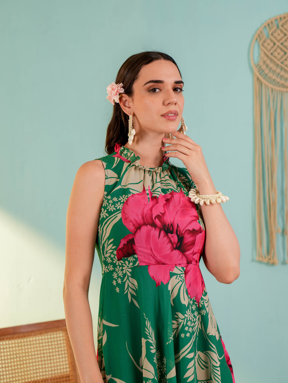 Green Floral Printed Gergette Midi Dress