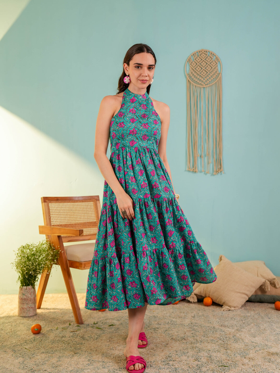 Teal Blue Floral Printed Gergette Midi Dress