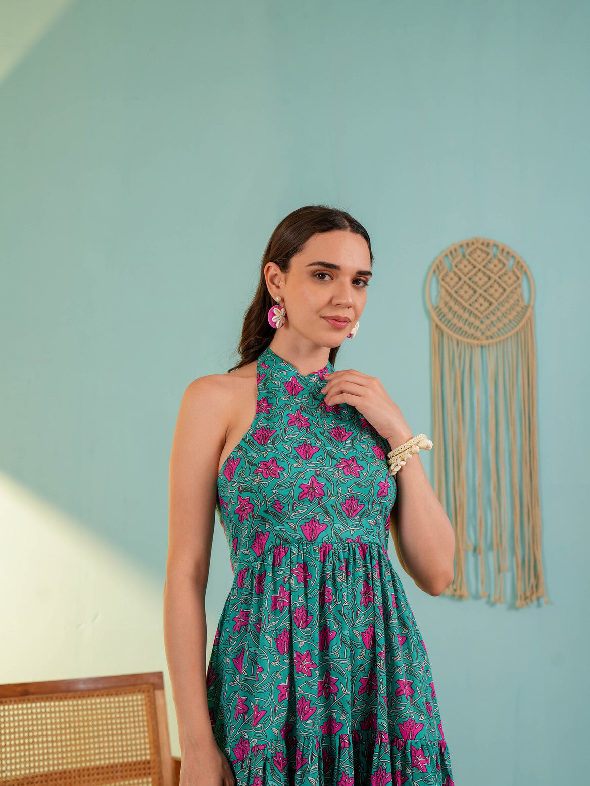 Teal Blue Floral Printed Gergette Midi Dress