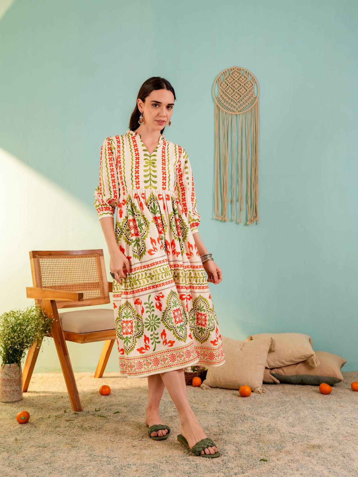 Beige Floral Printed Flared Midi Dress