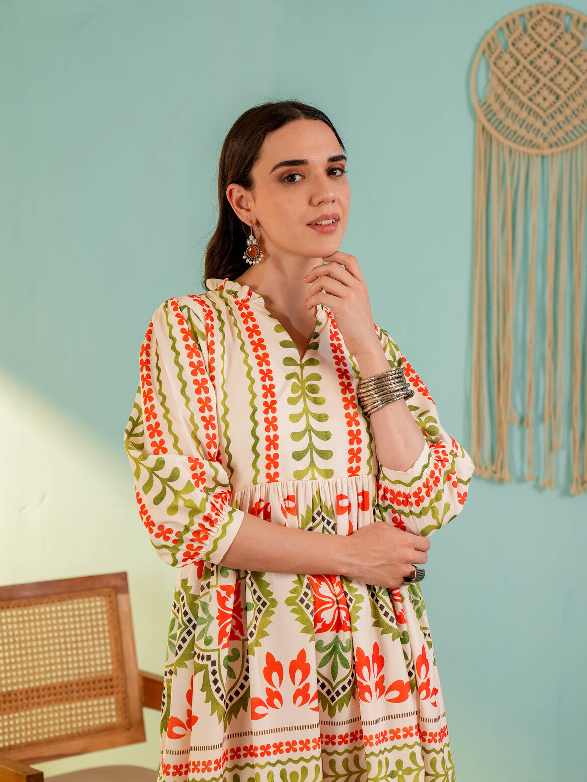 Beige Floral Printed Flared Midi Dress