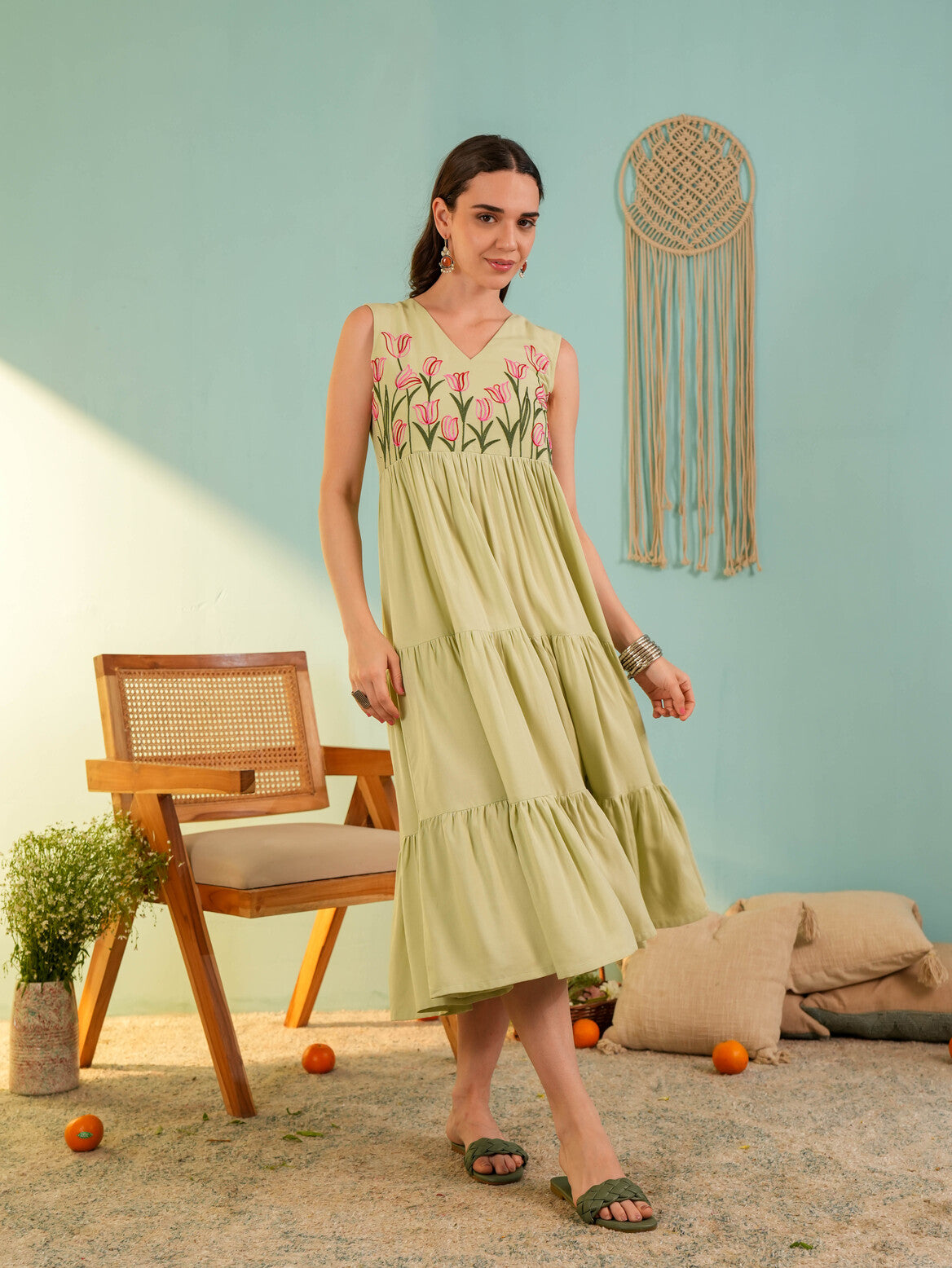 Parrot Green Embroideried Fit & Falred Midi Dress