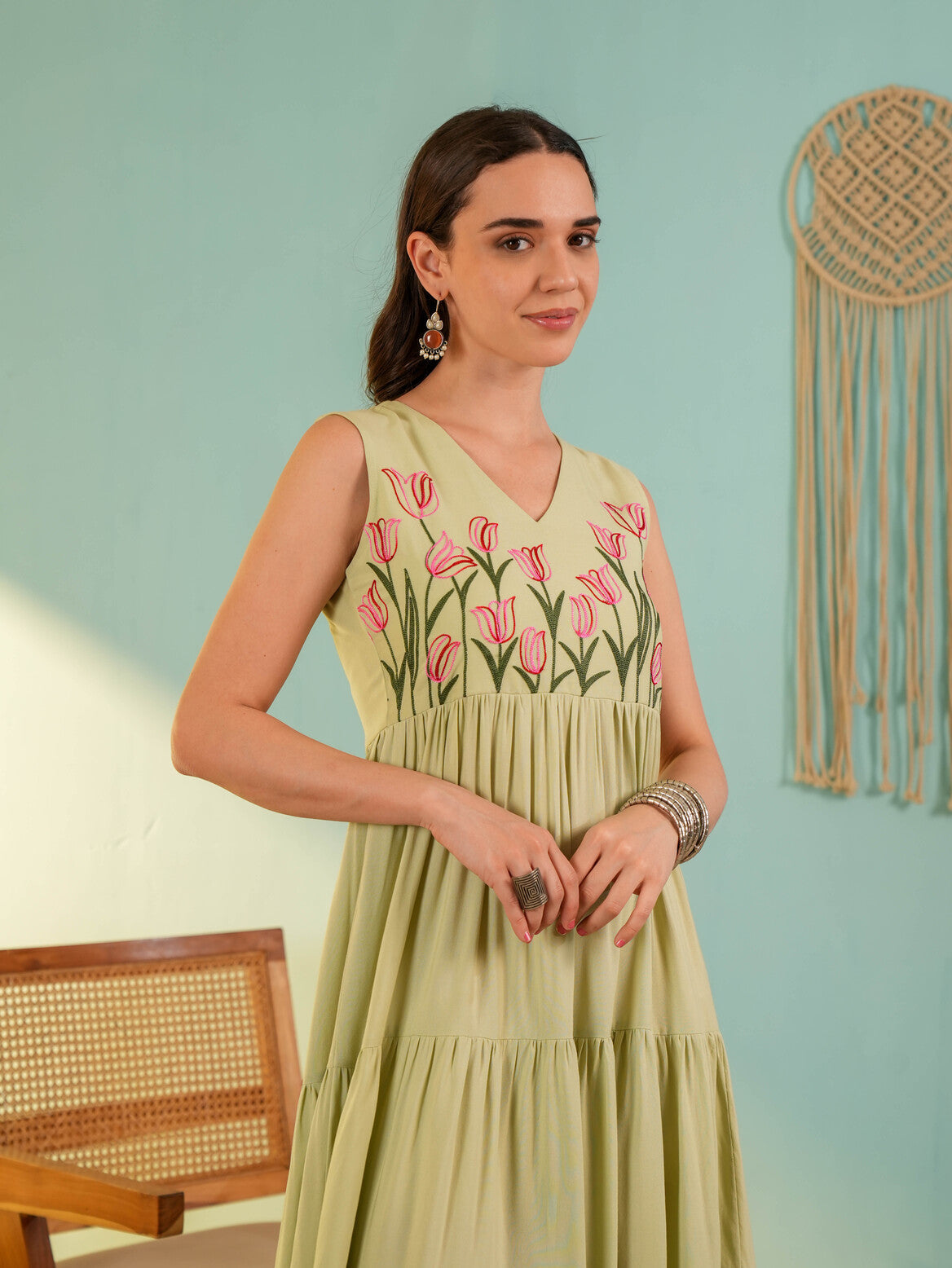 Parrot Green Embroideried Fit & Falred Midi Dress