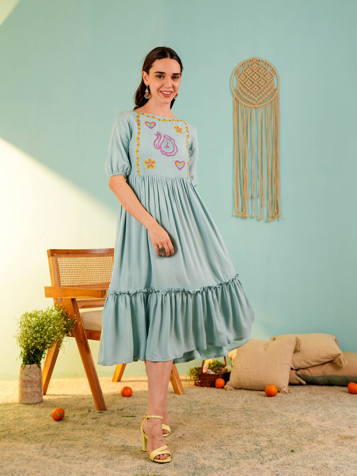 Sky Blue Embroideried Fit & Falred Midi Dress