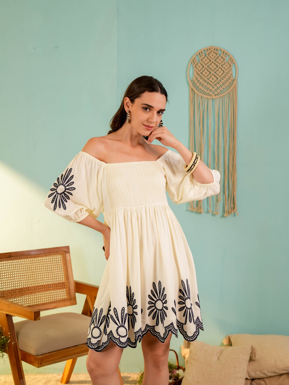Beige Off-Shoulder Embroidery Mini Dress