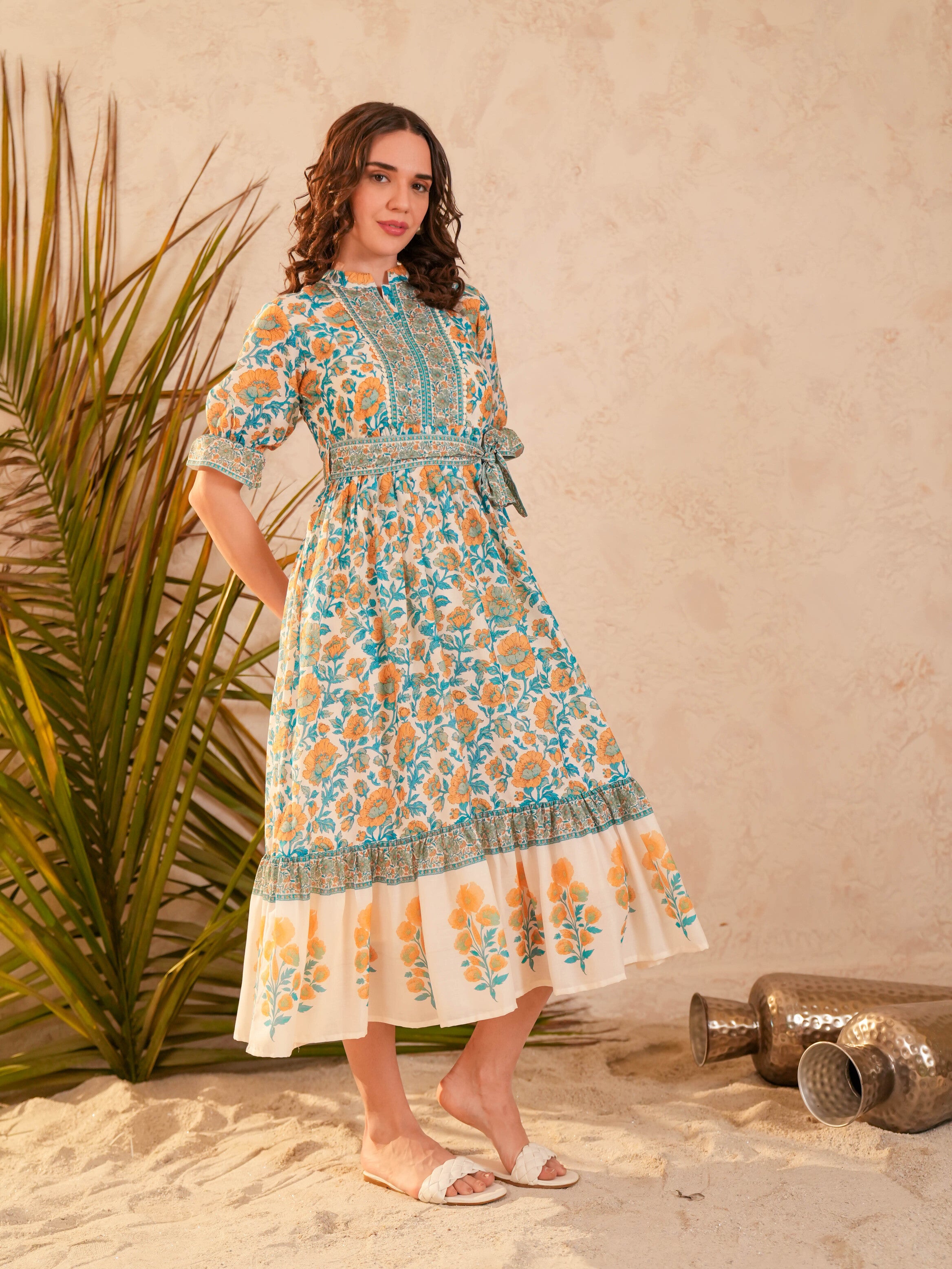 Green Floral Printed Fit & Flared Midi Dress