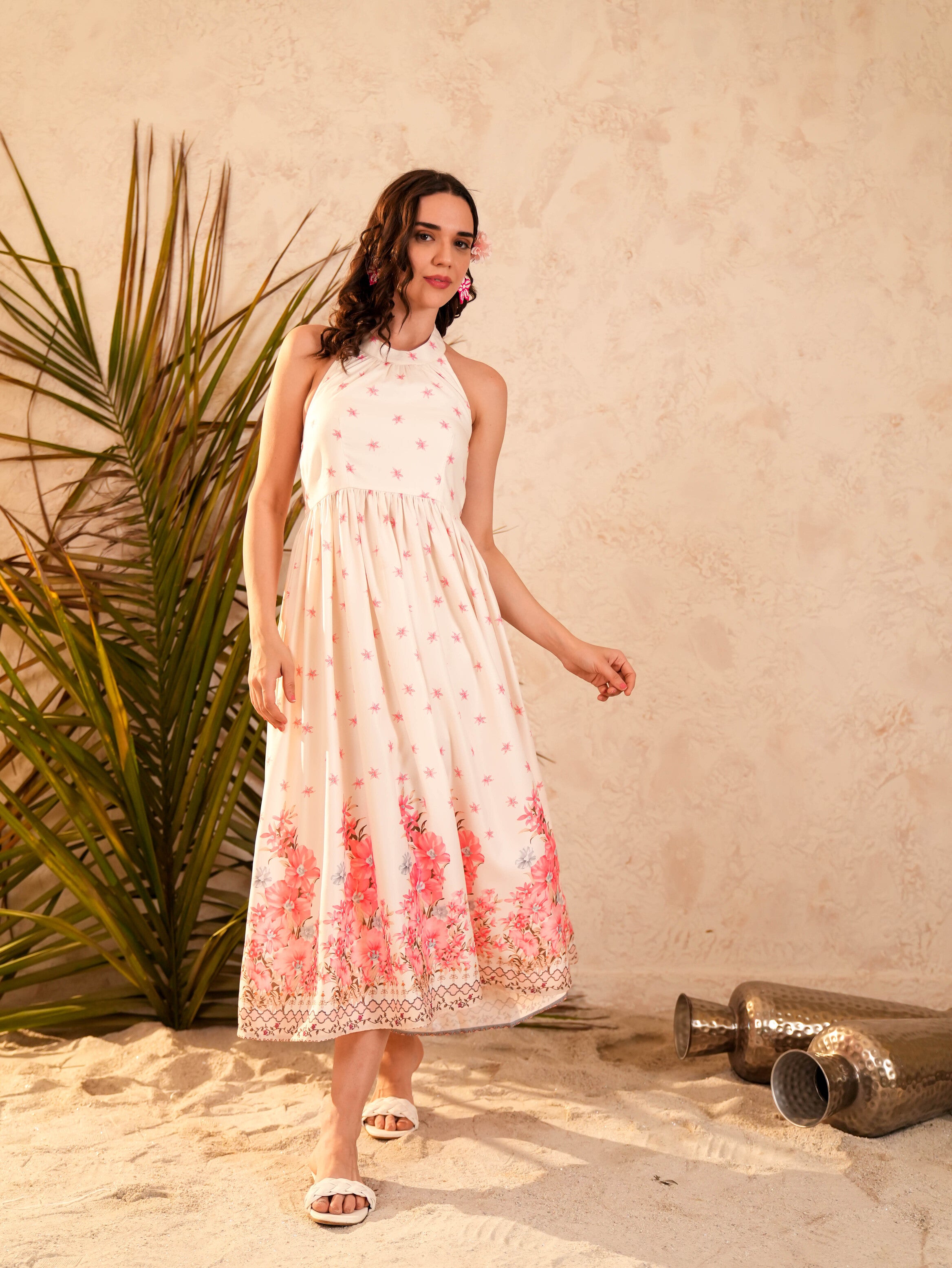 White Floral Printed Flared Midi Dress