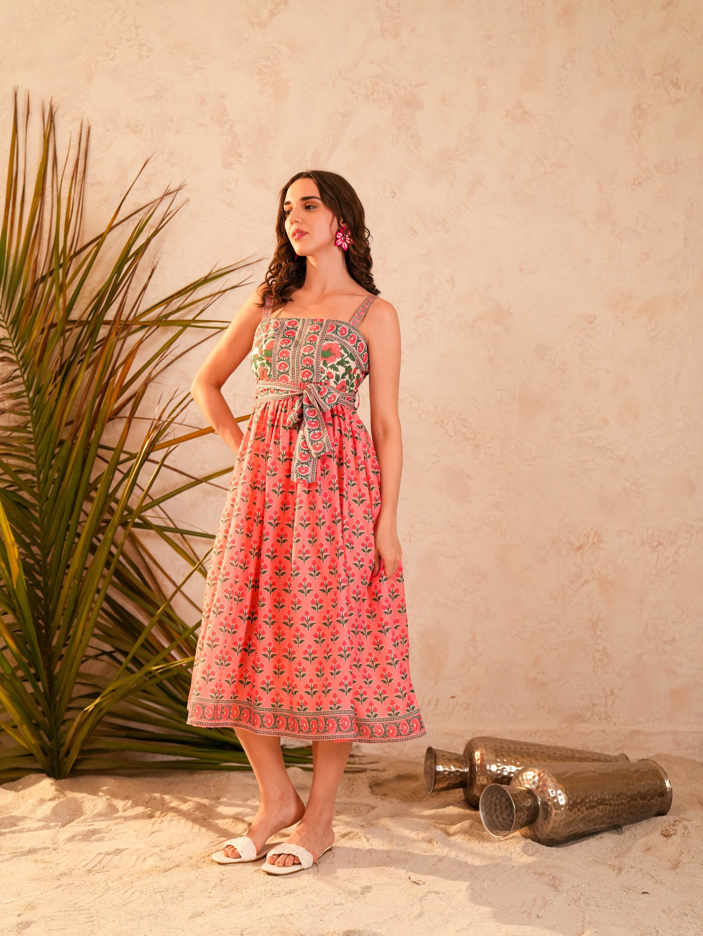 Pink Floral Printed Flared Midi Dress