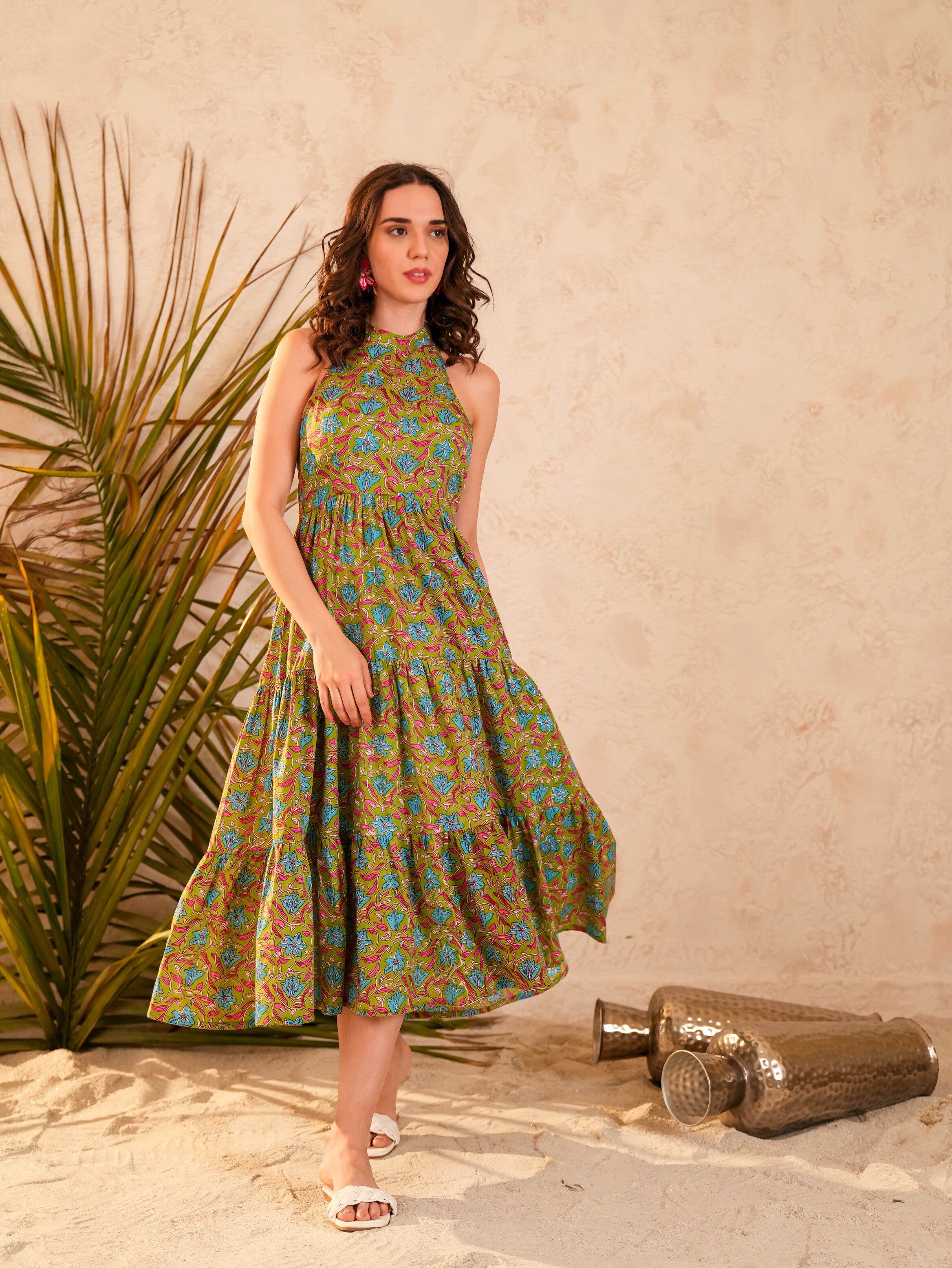 Green Floral Printed Flared Dress