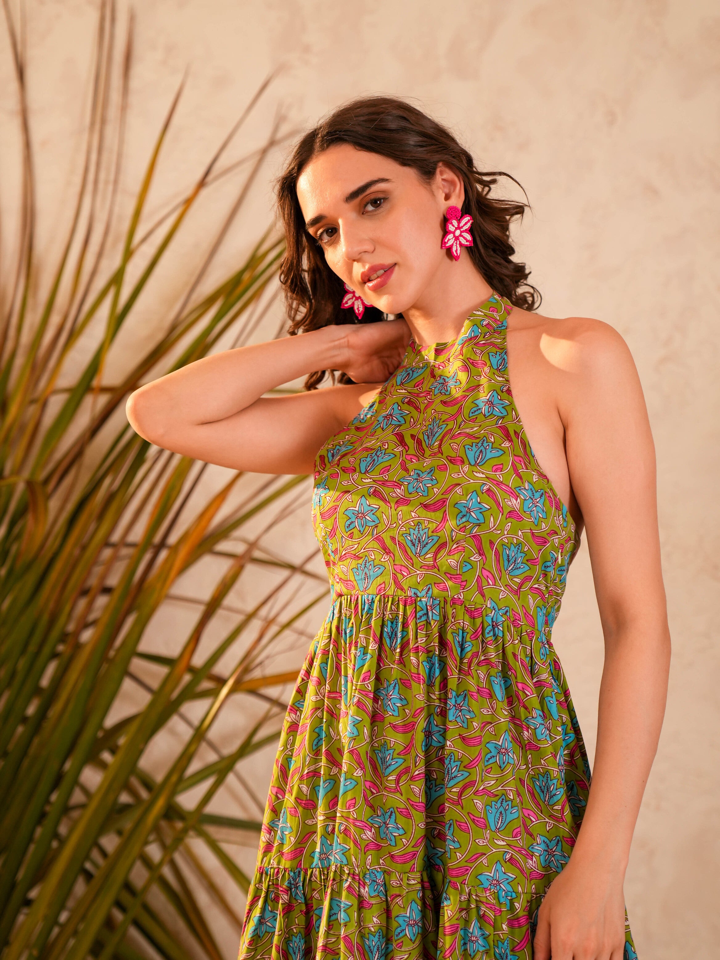 Green Floral Printed Flared Dress