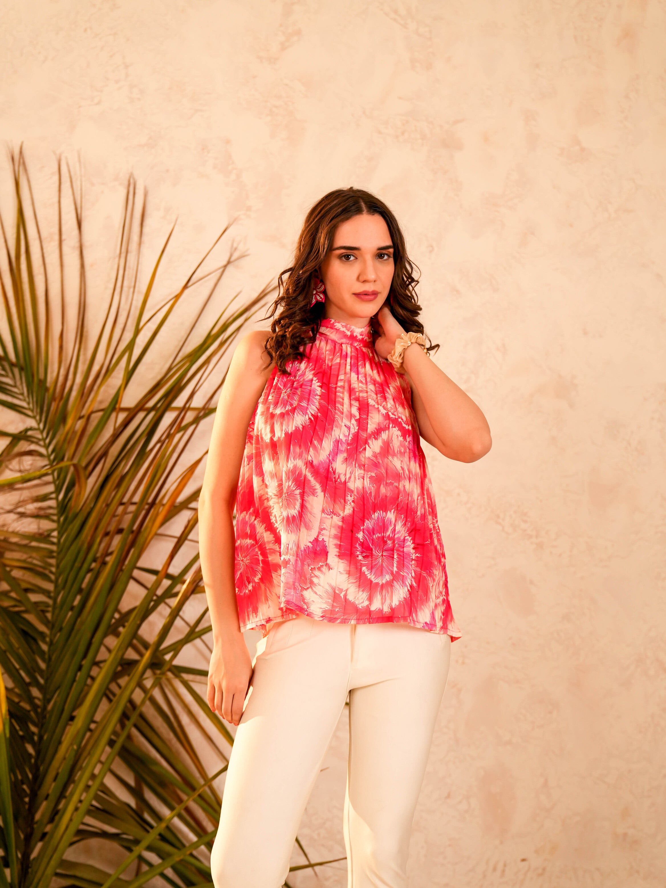 Pink Abstract Printed Crushed Georgette Top