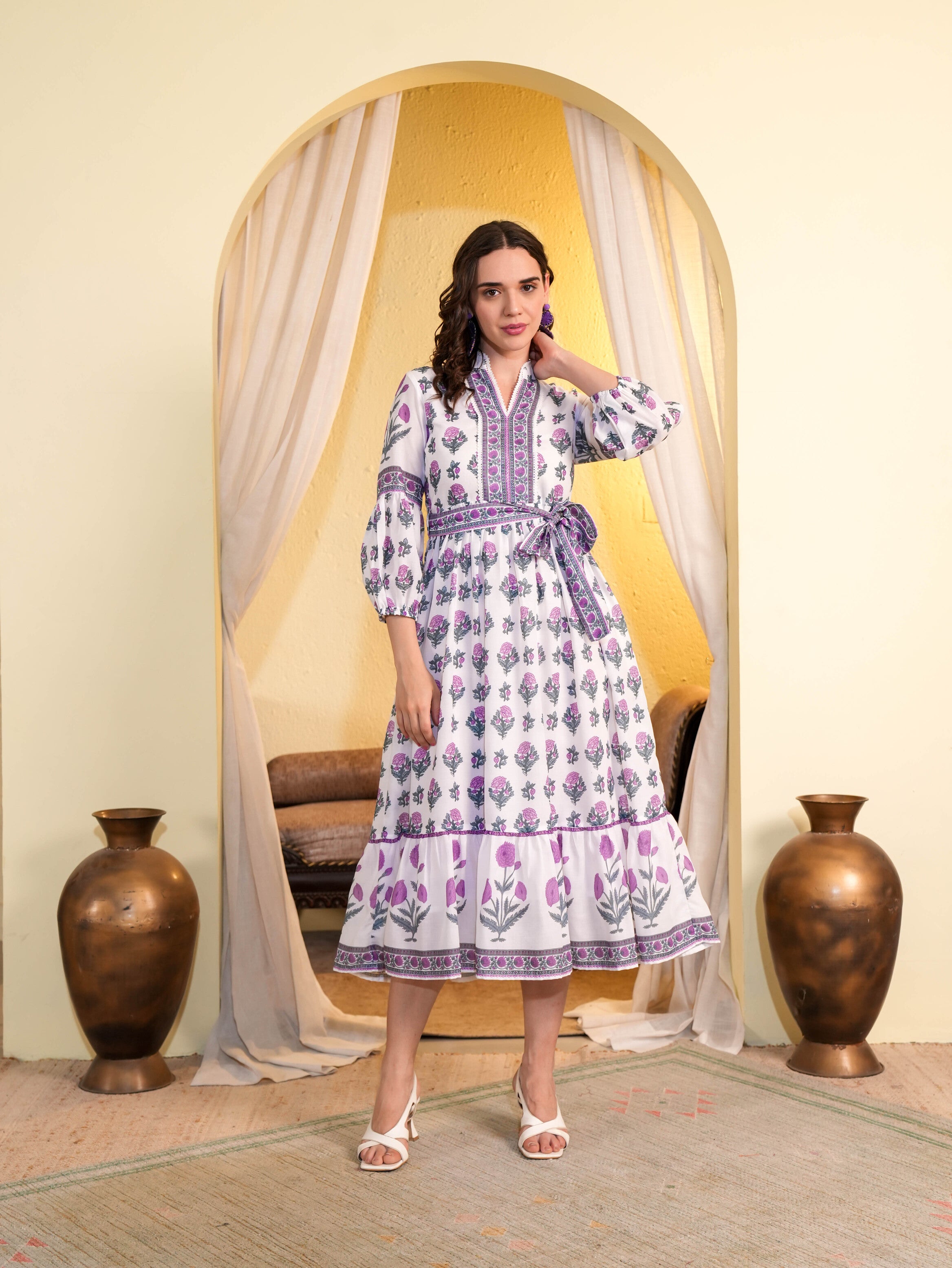 White and Purple Floral Printed Flared Midi Dress
