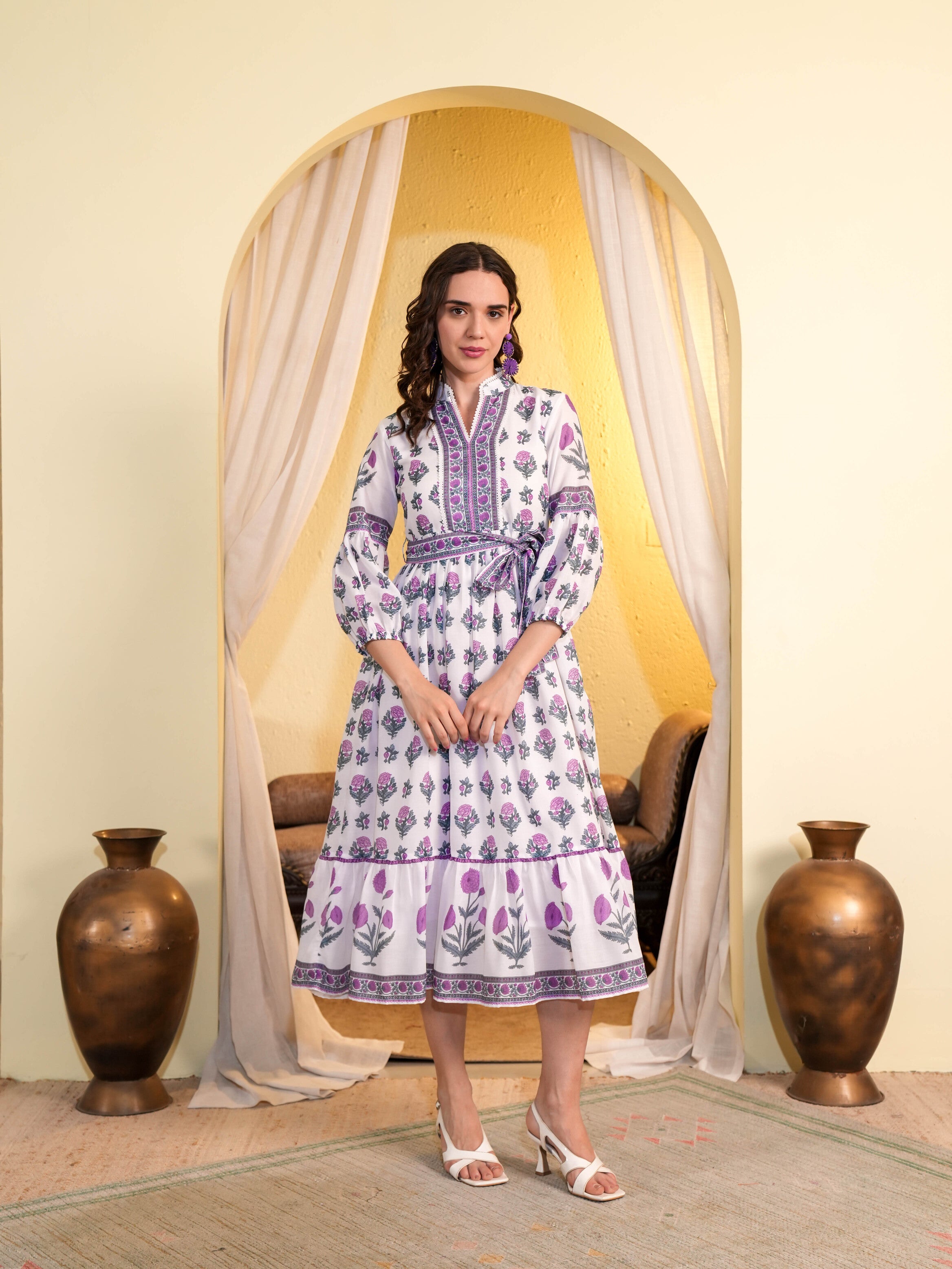 White and Purple Floral Printed Flared Midi Dress