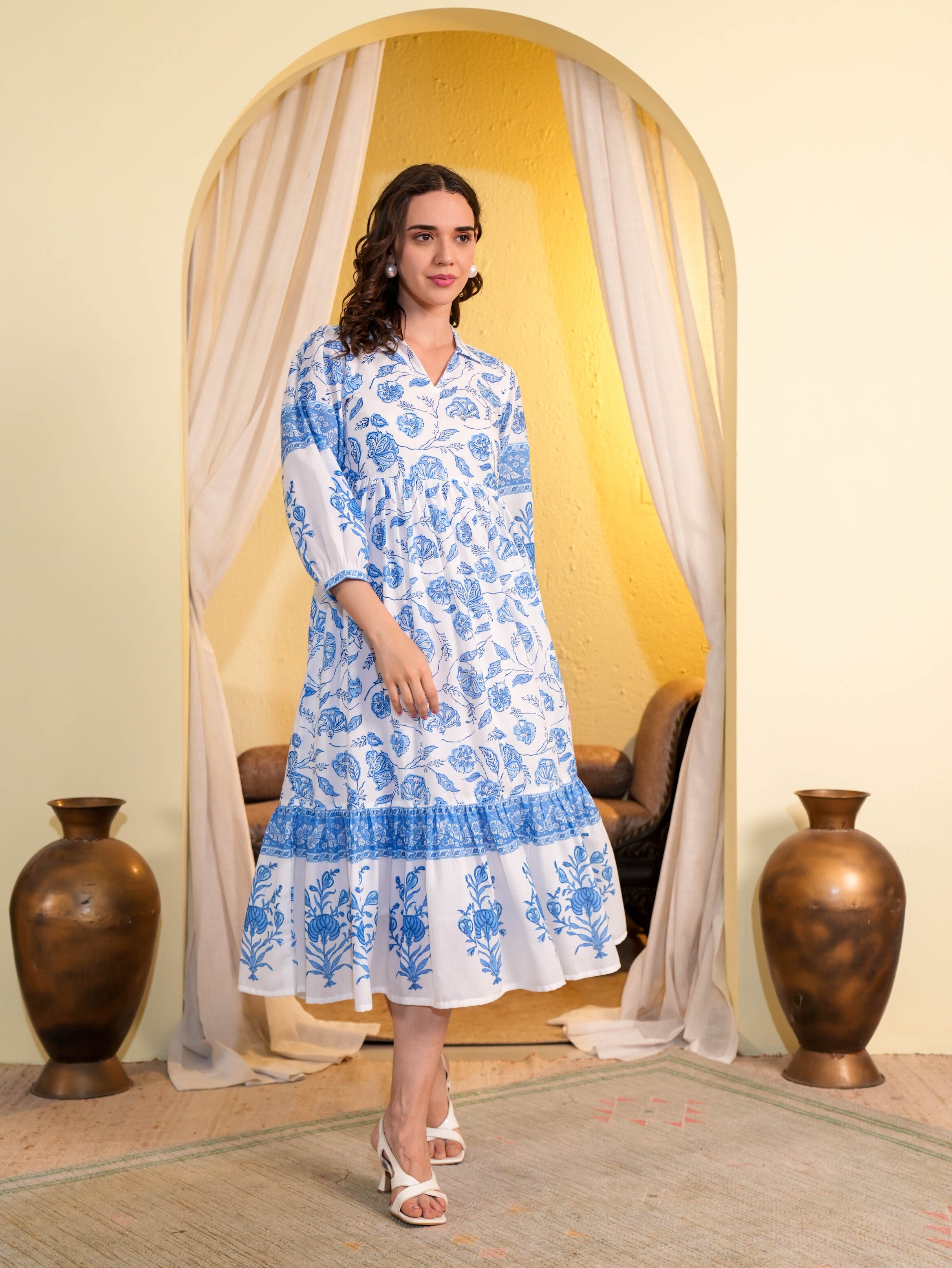 White Floral Printed Fit & Flared Midi Dress
