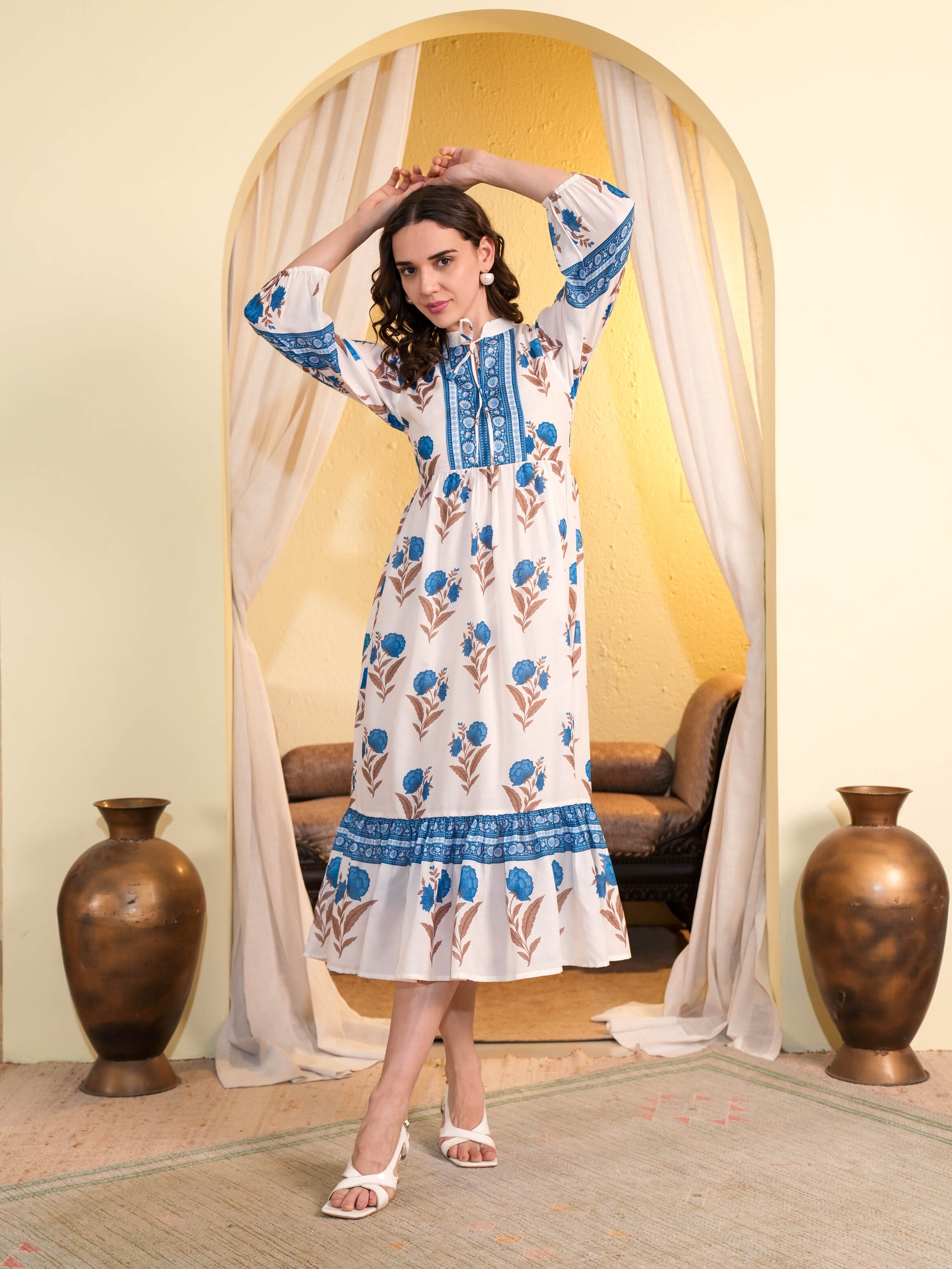 White Floral Printed Fit & Flared Midi Dress