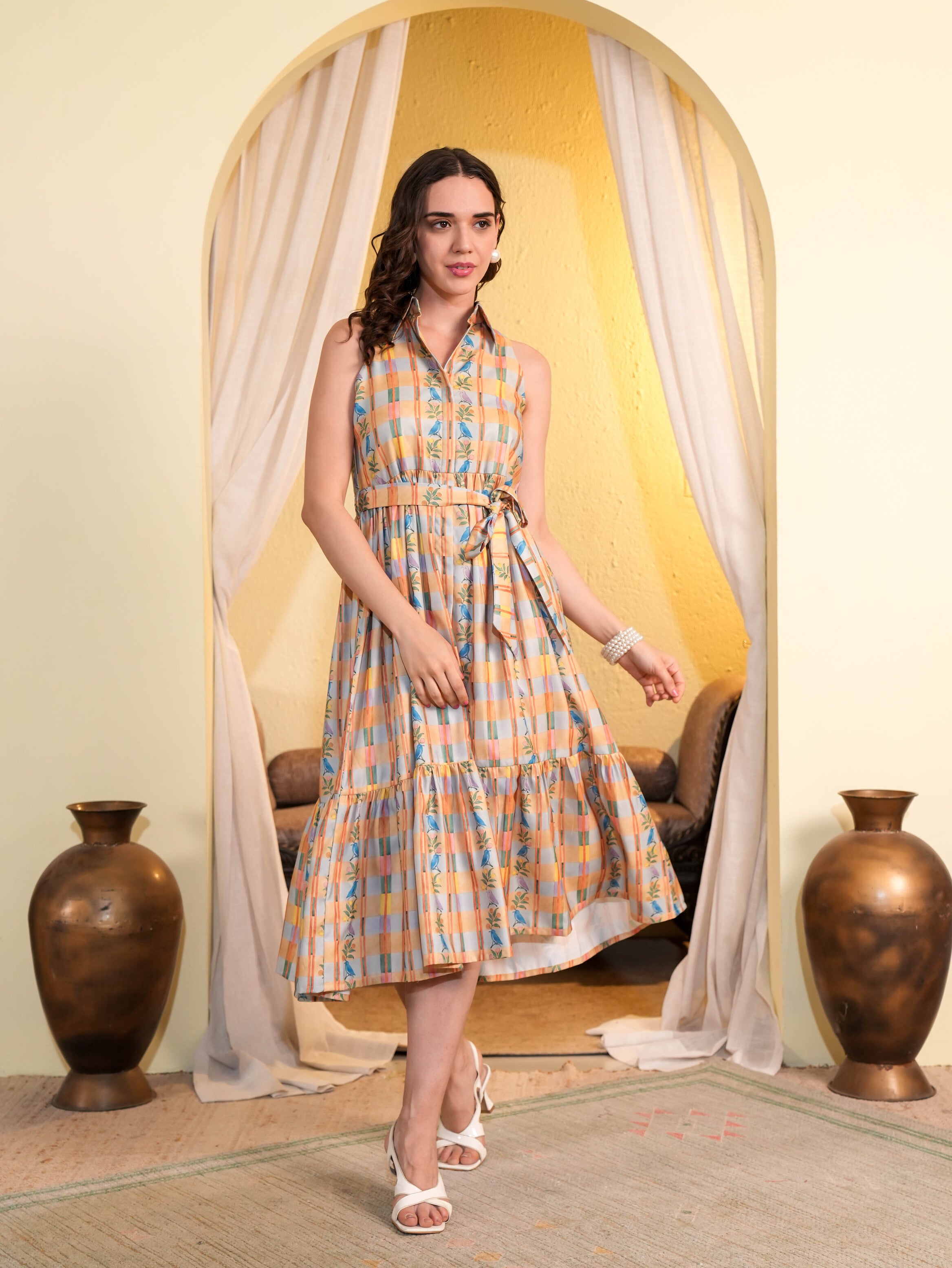 Multicolor Checks Printed Flared Midi Dress