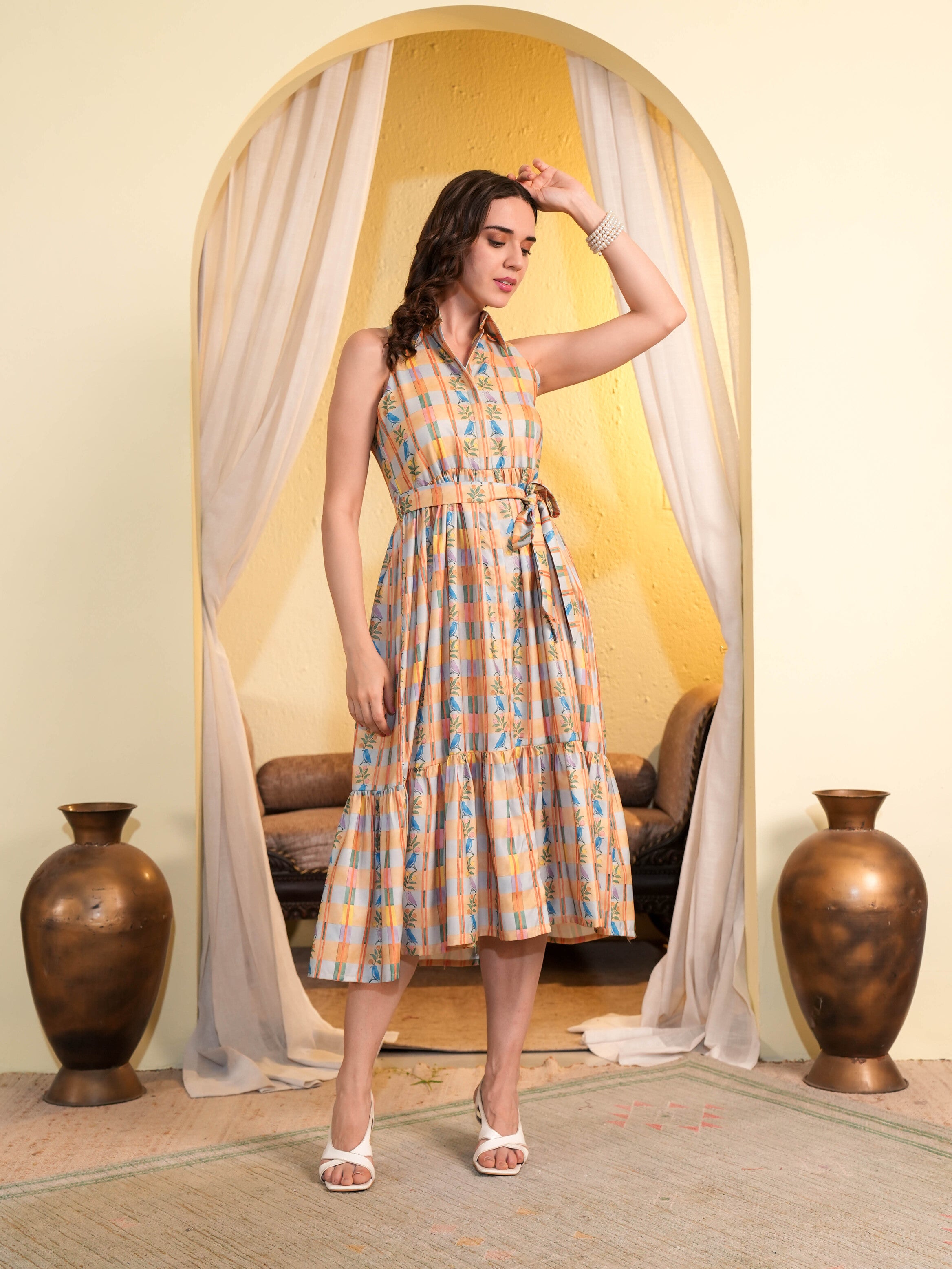 Multicolor Checks Printed Flared Midi Dress