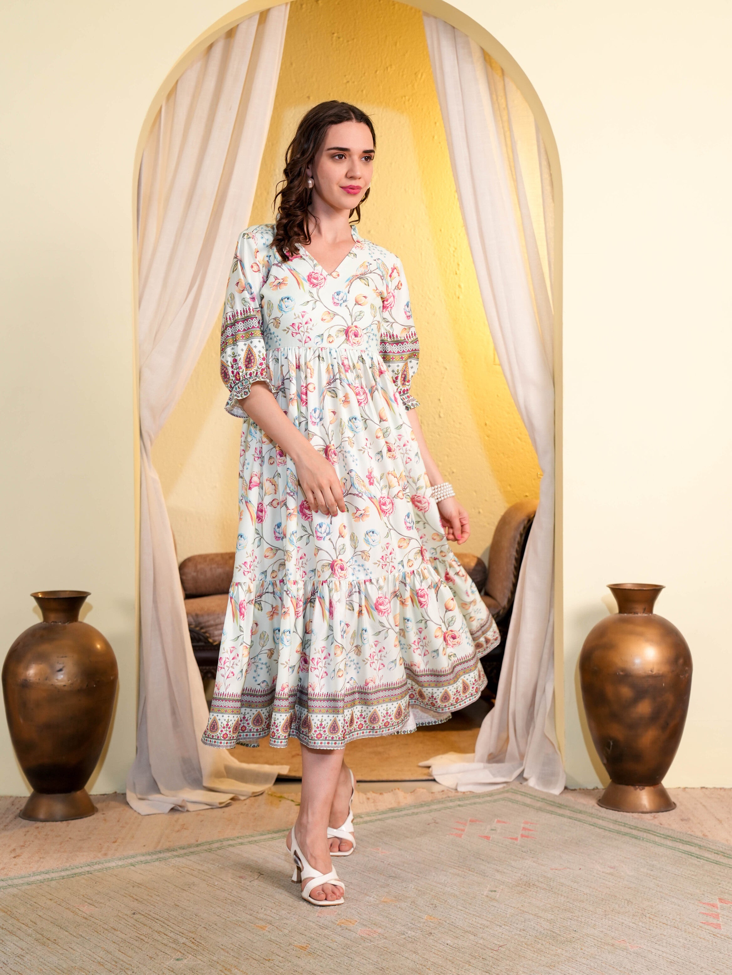 White Floral Printed Flared Midi Dress