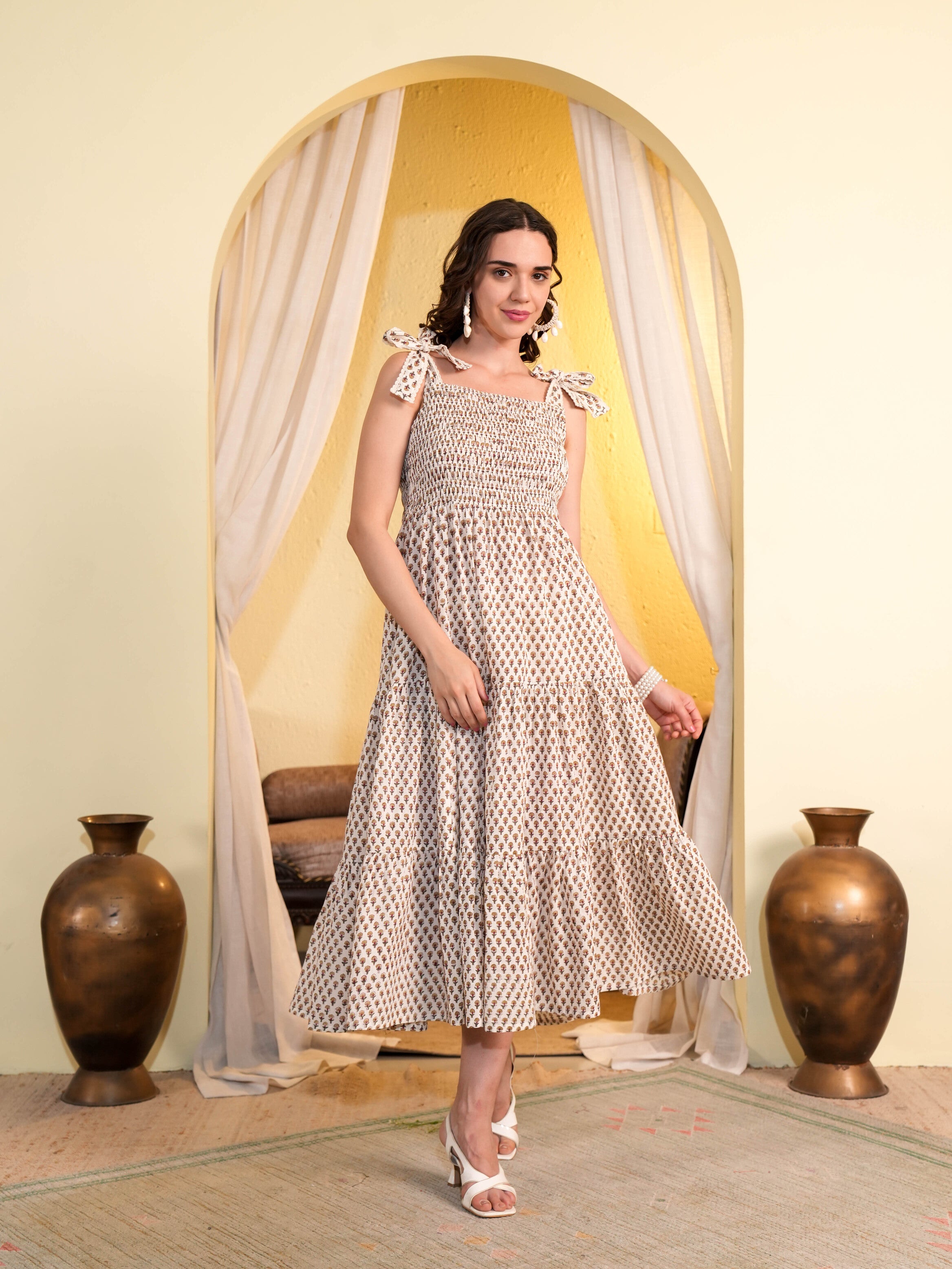 White Floral Printed Flared Midi Dress