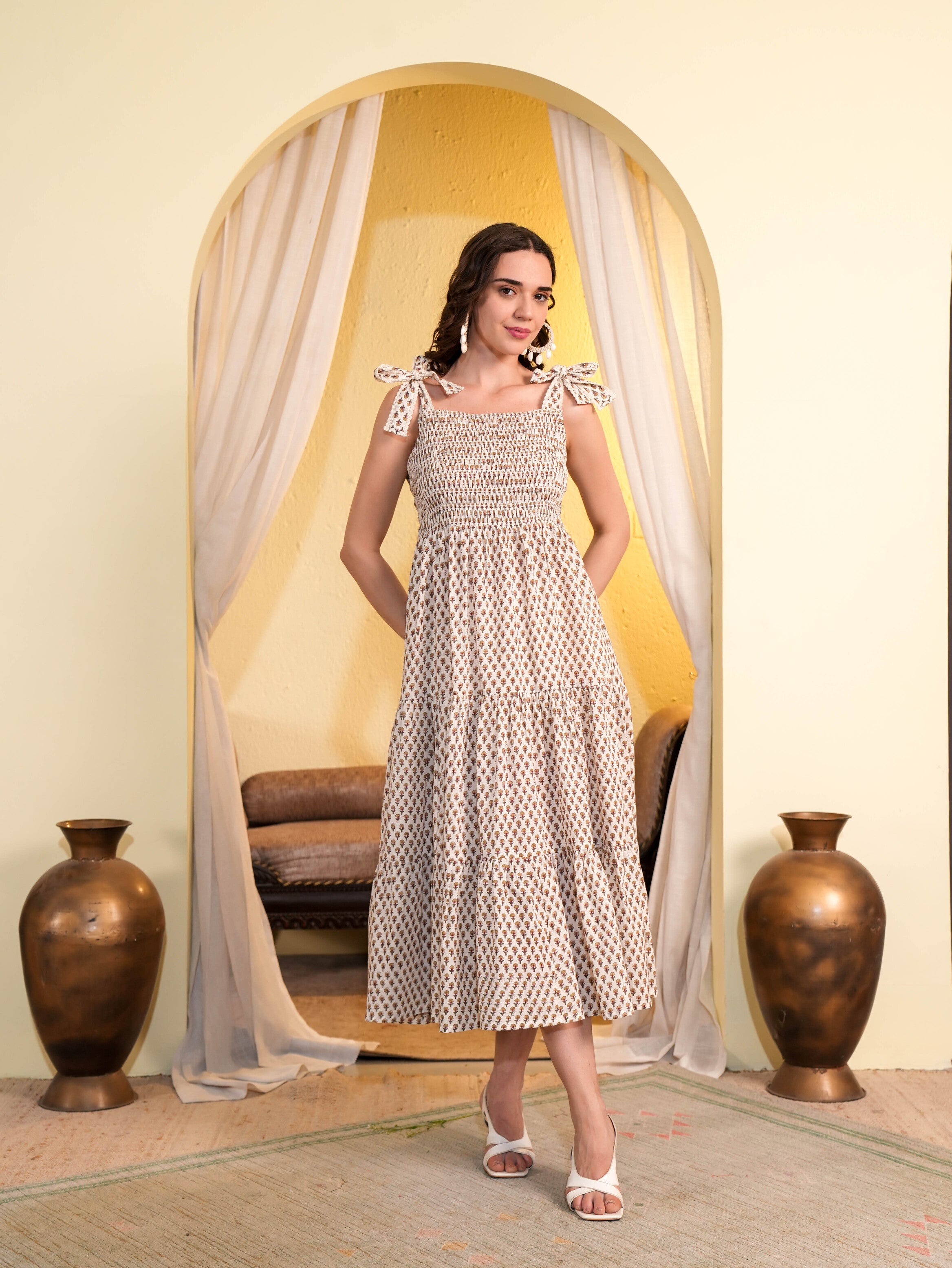White Floral Printed Flared Midi Dress